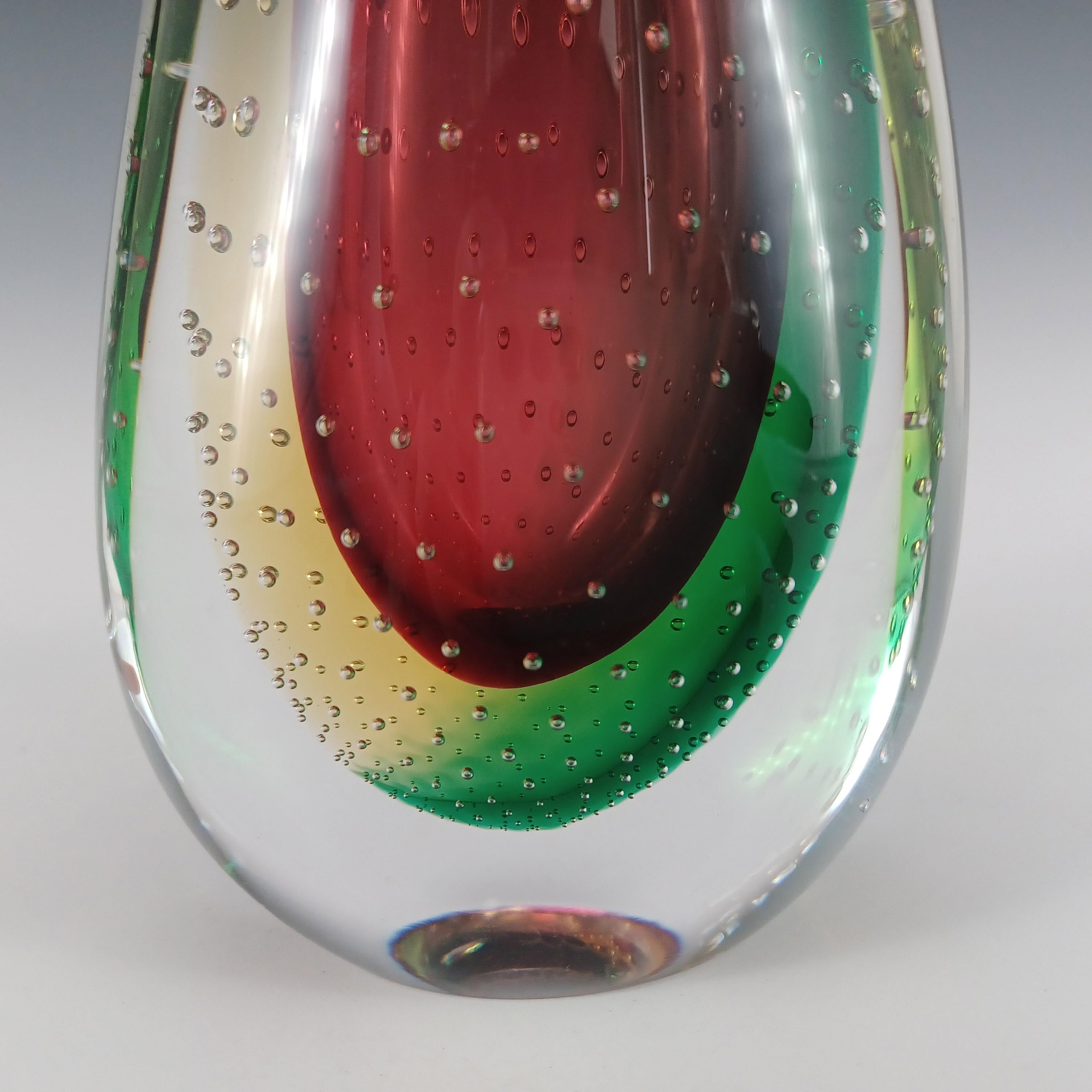Italian SIGNED Oball Murano Red, Green & Yellow Sommerso Glass Vase For Sale