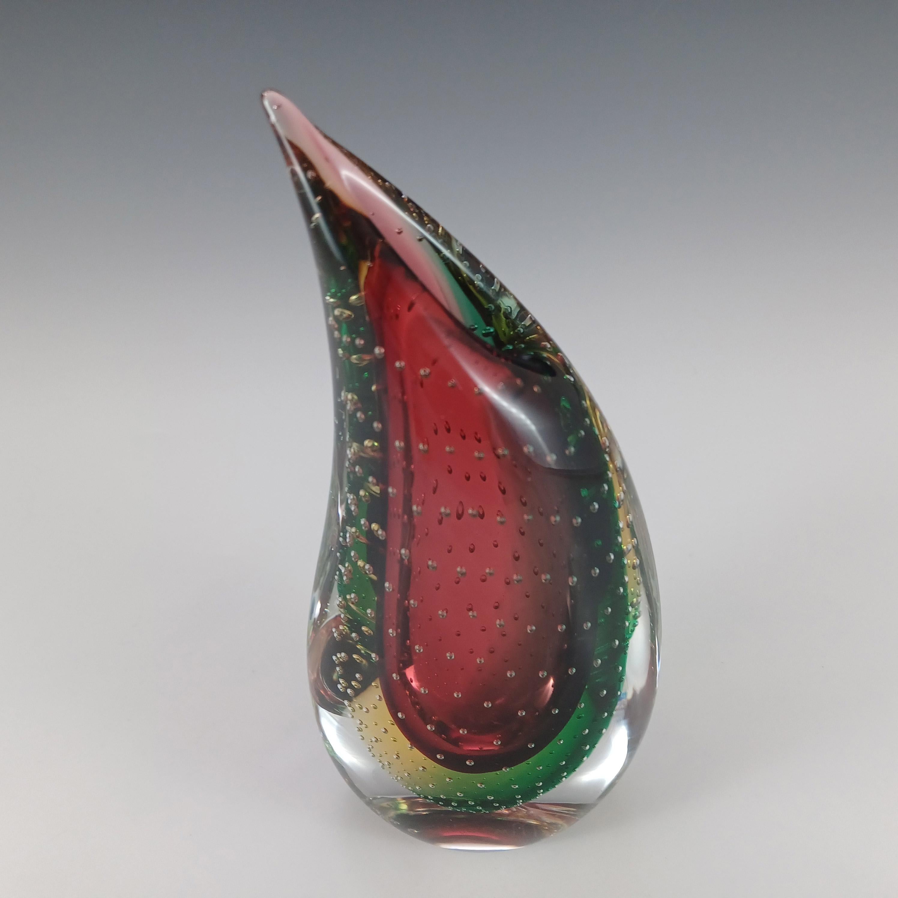 Hand-Crafted SIGNED Oball Murano Red, Green & Yellow Sommerso Glass Vase For Sale