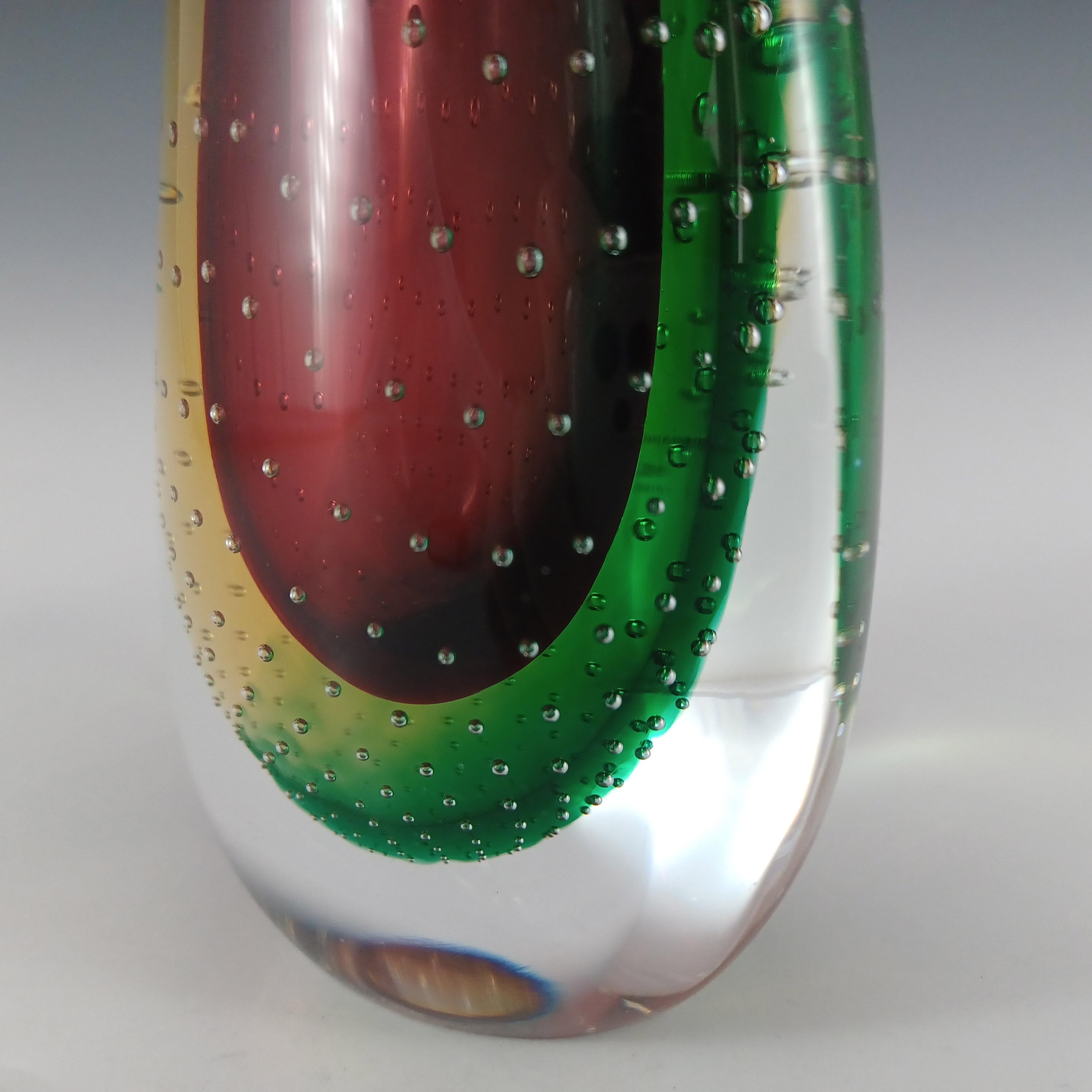 20th Century SIGNED Oball Murano Red, Green & Yellow Sommerso Glass Vase For Sale