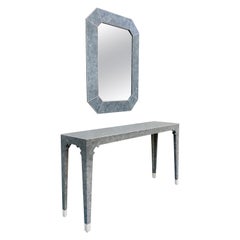 Signed Oggetti Inlaid Marble Mosaic Pattern Wall Mirror and Narrow Console Table