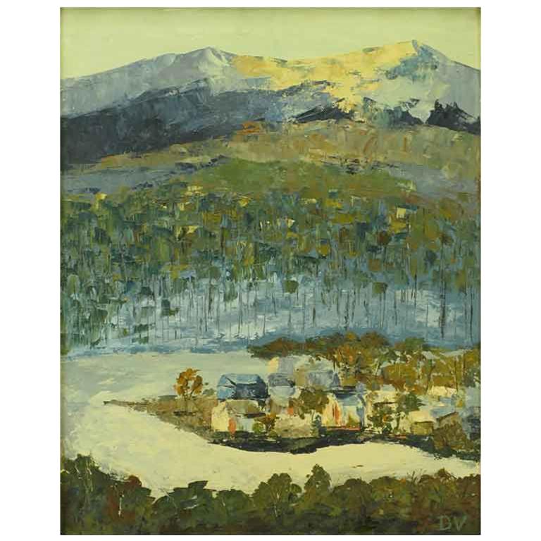 Peinture à l'huile sur panneau abstraite signée représentant un village et des montagnes