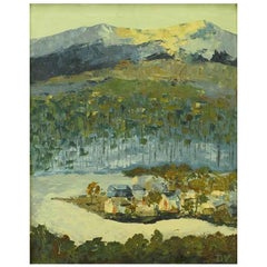 Signed Oil On Board Abstract Of Village & Mountains