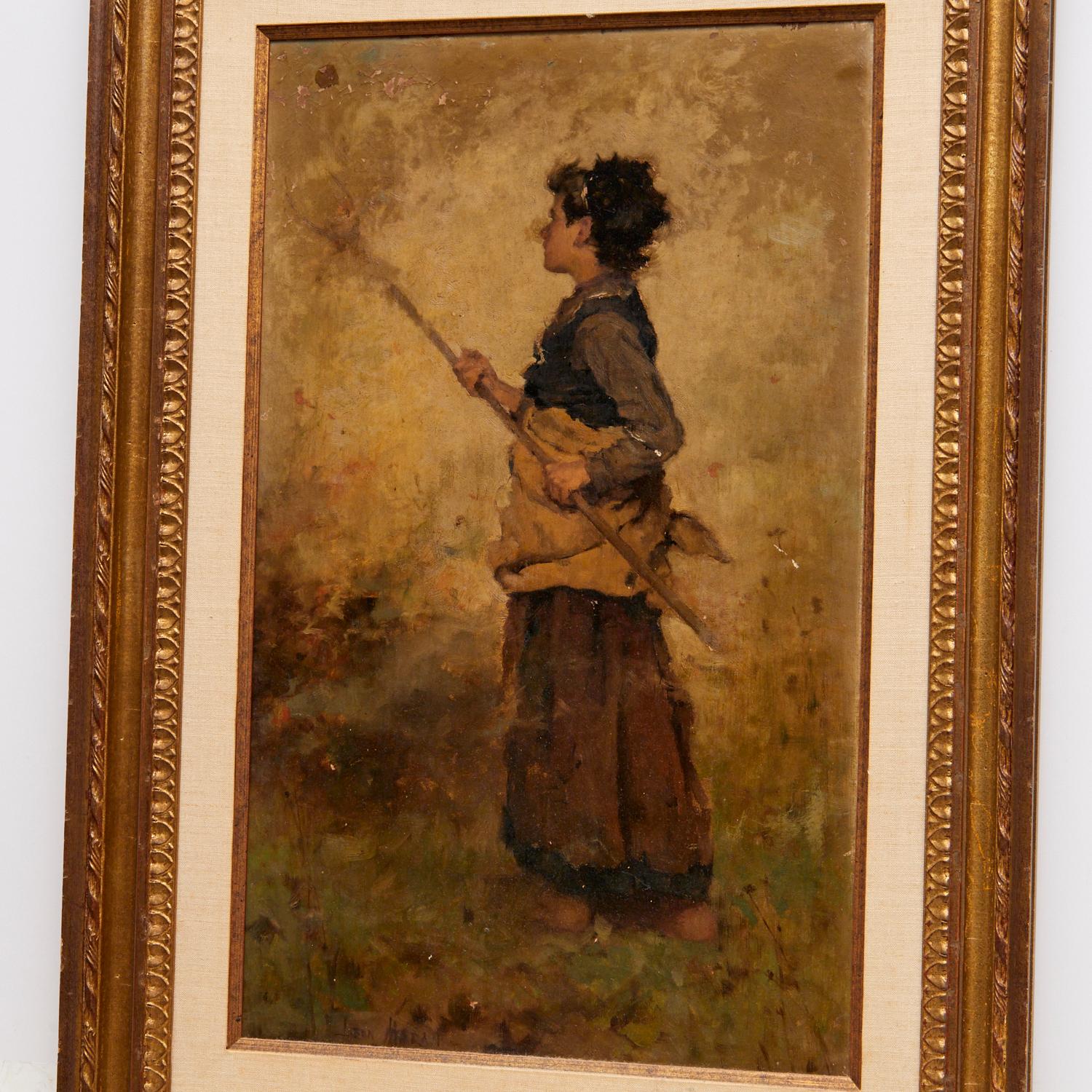 John Leon Moran (American, 1864-1941), Woman Making Hay, oil on board, signed lower center. This is a charming and evocative painting of a bygone era. The woman, dressed in working clothes and barefoot, is holding a pitchfork. The figure of the