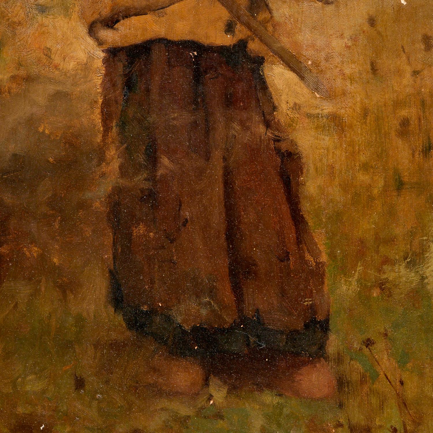 Signed Oil on Board by John Leon Moran (American 1864-1941)  - Woman Making Hay In Fair Condition For Sale In Morristown, NJ
