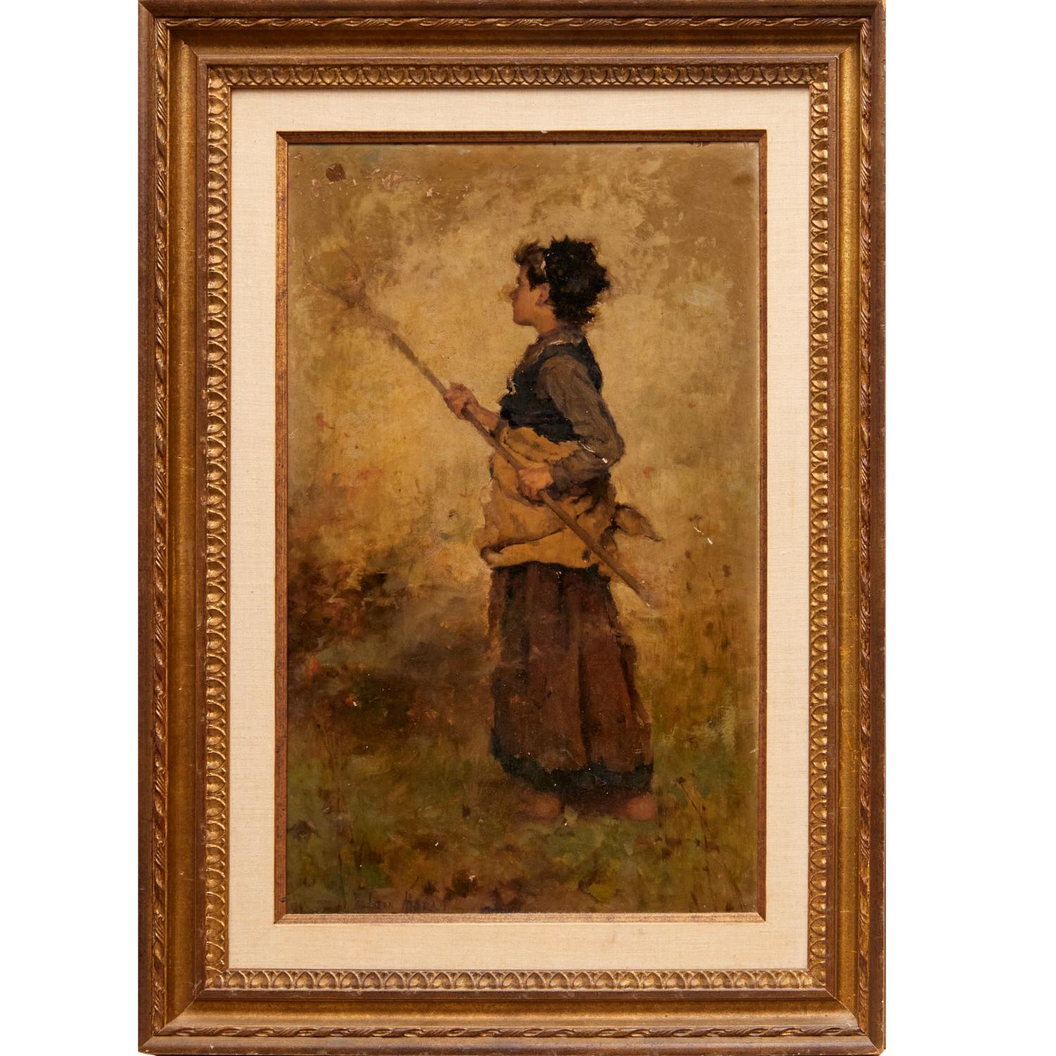 Signed Oil on Board by John Leon Moran (American 1864-1941)  - Woman Making Hay For Sale 2