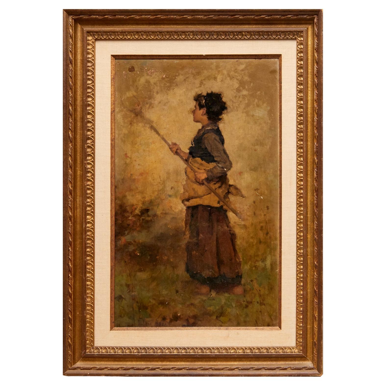 Signiertes Ölgemälde auf Karton von John Leon Moran (Amerikaner 1864-1941)  - Frau macht Heu im Angebot