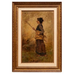 Signed Oil on Board by John Leon Moran (American 1864-1941)  - Woman Making Hay