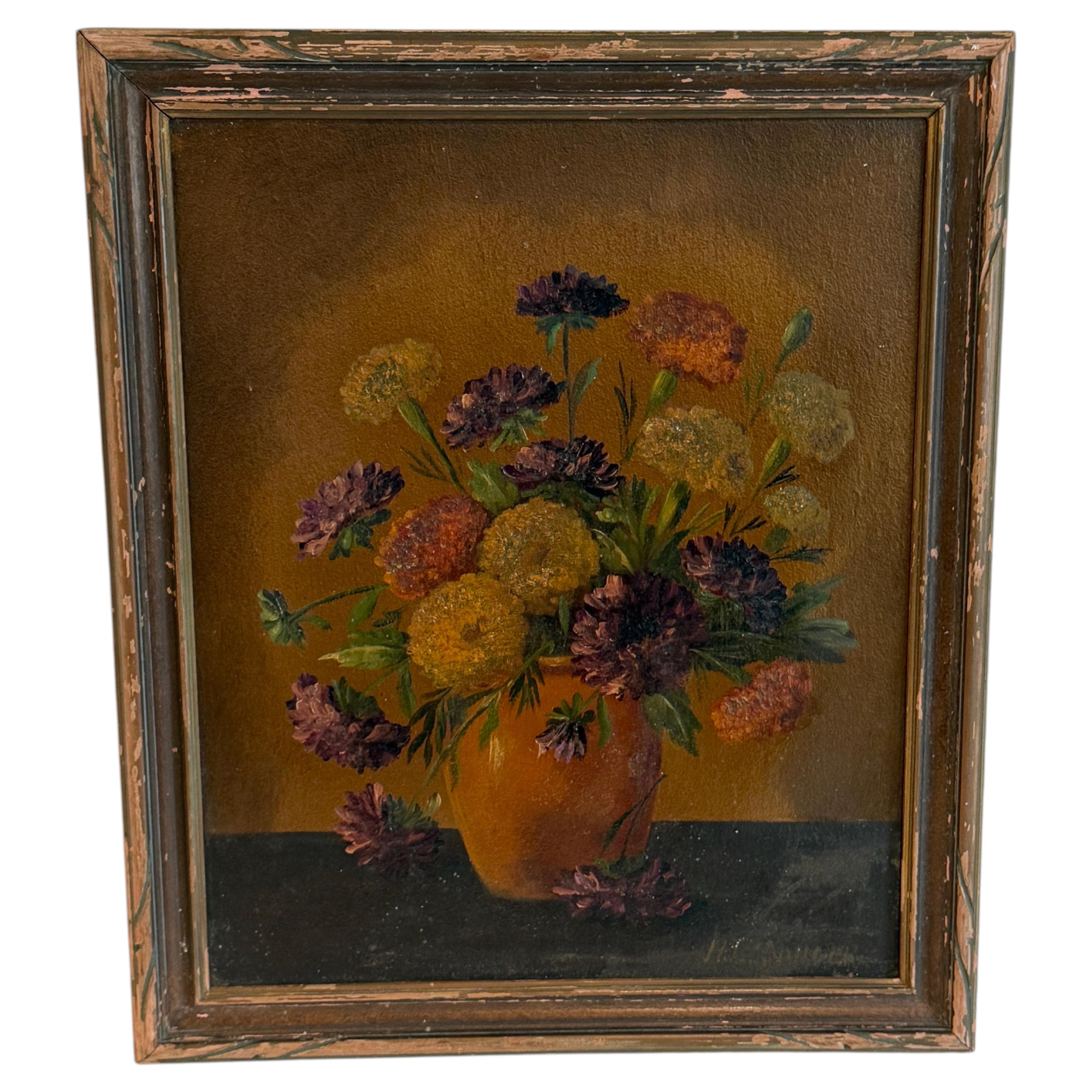 Signed Oil on Board Floral Still Life Framed Artwork, H L Sanger For Sale