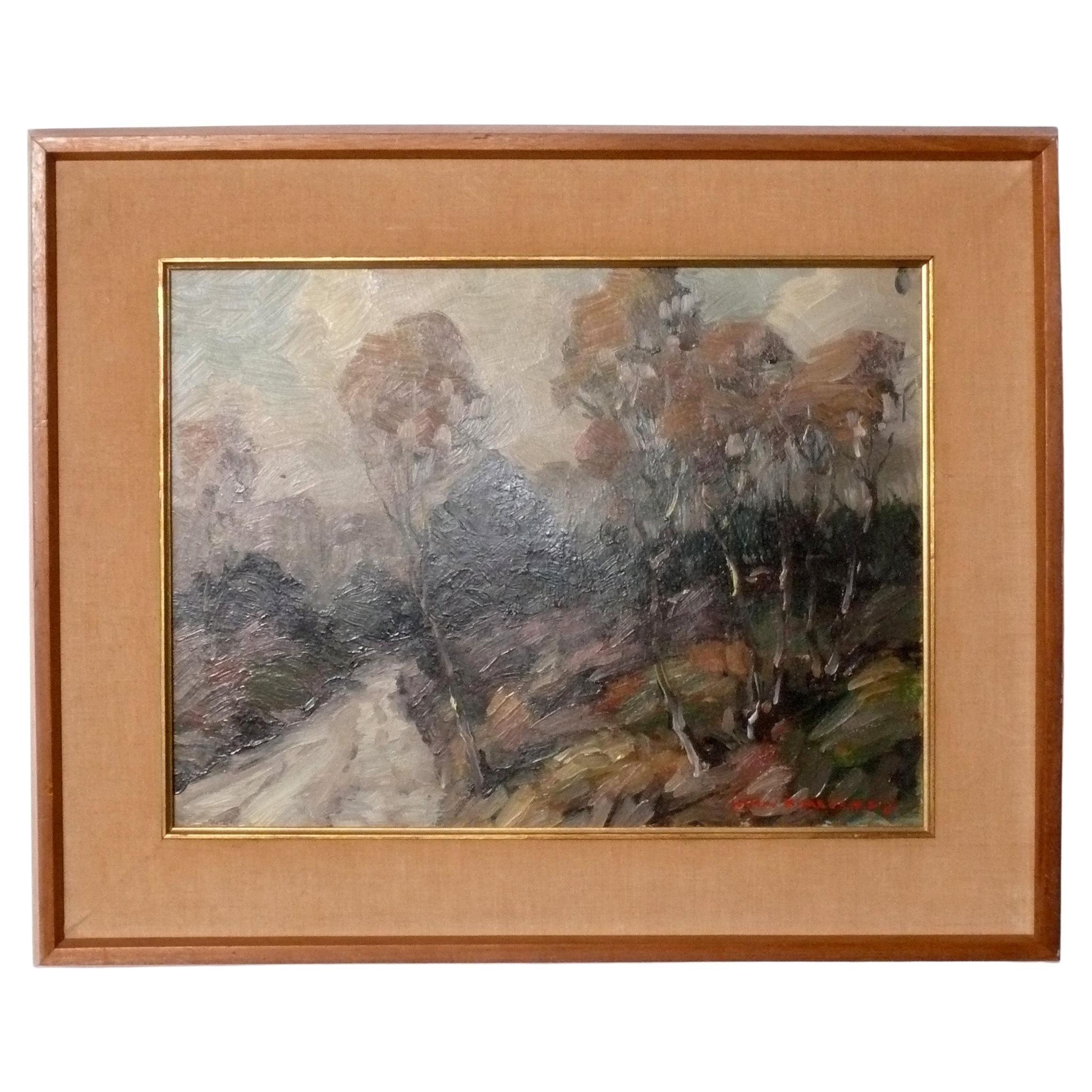 Signed Oil on Board Impressionist Landscape Painting 17" x 21" circa 1940s