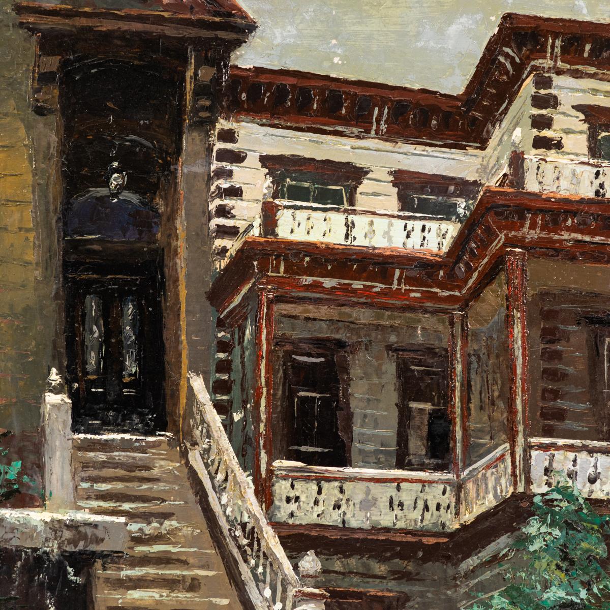 Oil on board painting by artist Roger Hayward (1899-1979), depicting the entrance to a Victorian-style home as seen from the street below. With a wonderful sense of proportion and scale, the artist has taken up a unique perspective, thereby imbuing