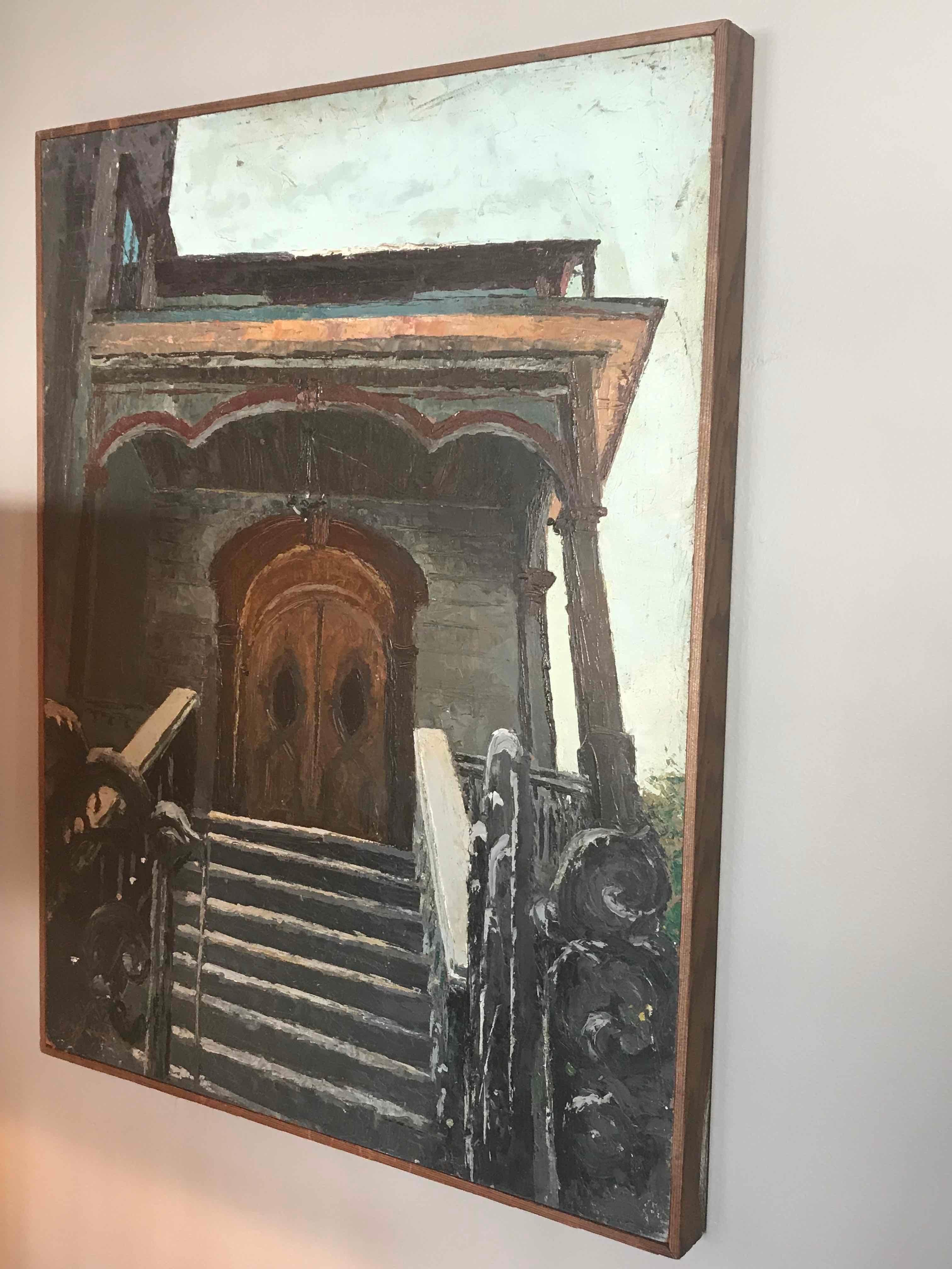 Mid-20th Century Signed Oil on Board Painting of a House by Artist Roger Hayward Circa 1957 For Sale