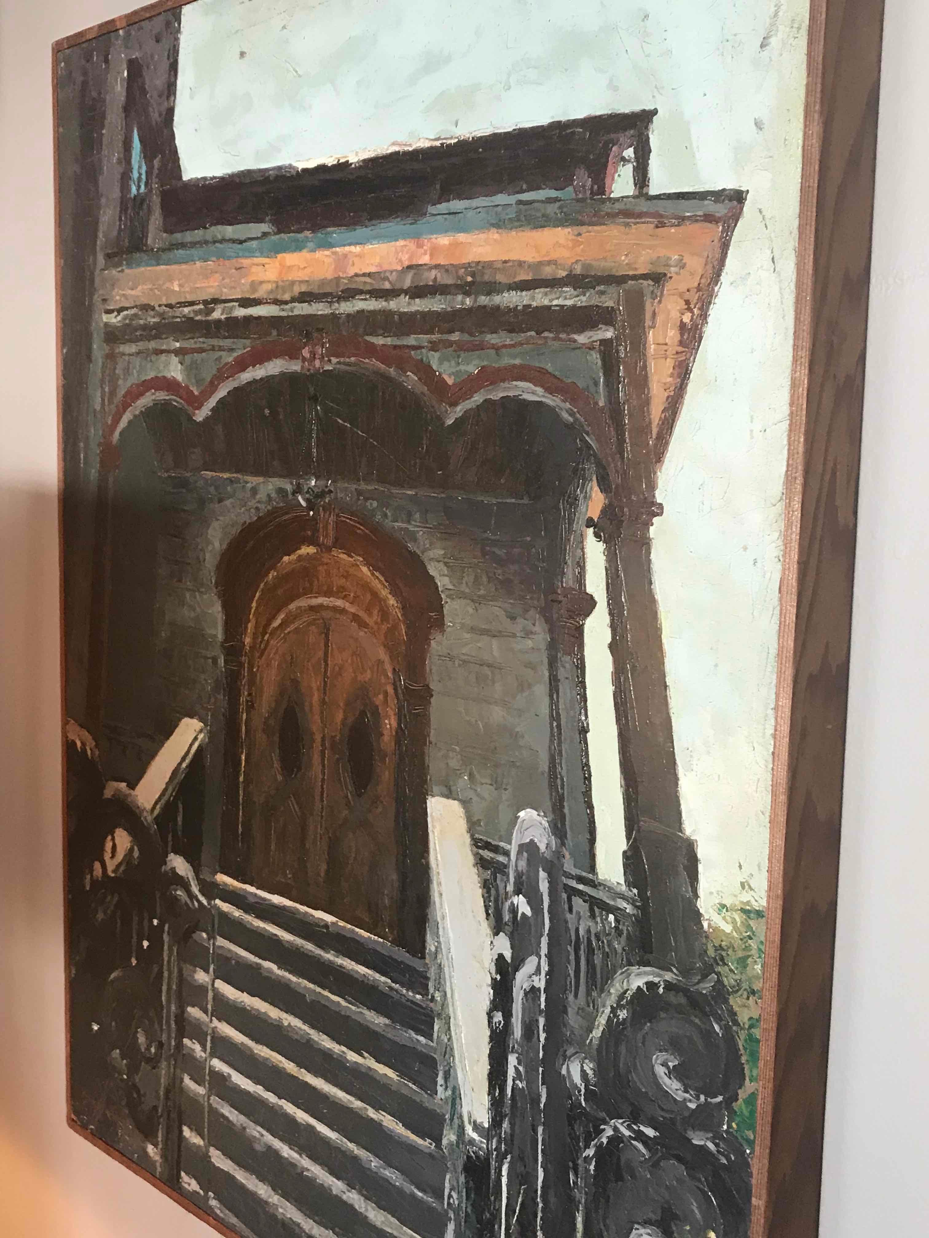 Wood Signed Oil on Board Painting of a House by Artist Roger Hayward Circa 1957 For Sale