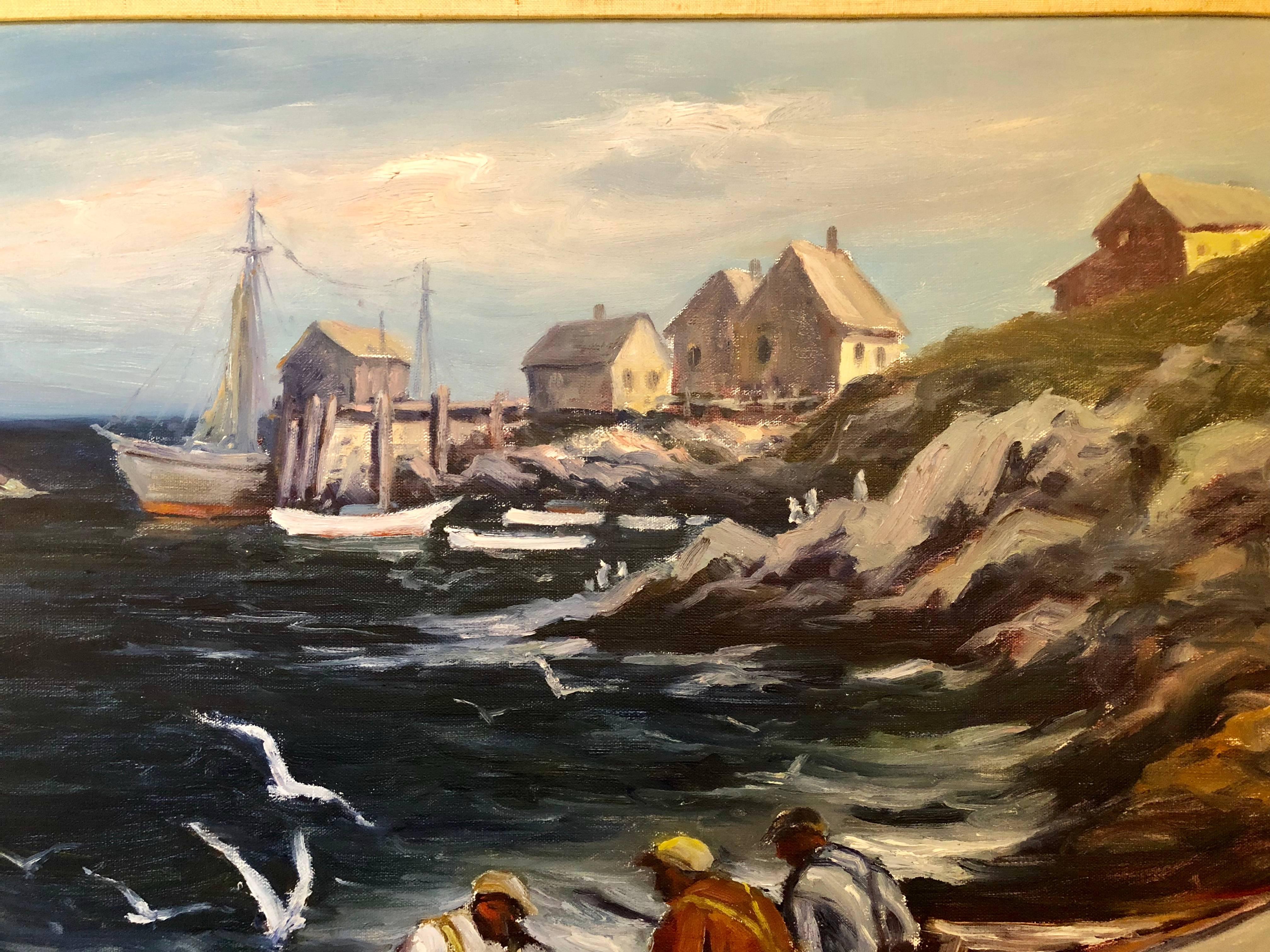 Signed Oil on Canvas by Edward Garbely Harbor Scene In Good Condition In Stamford, CT
