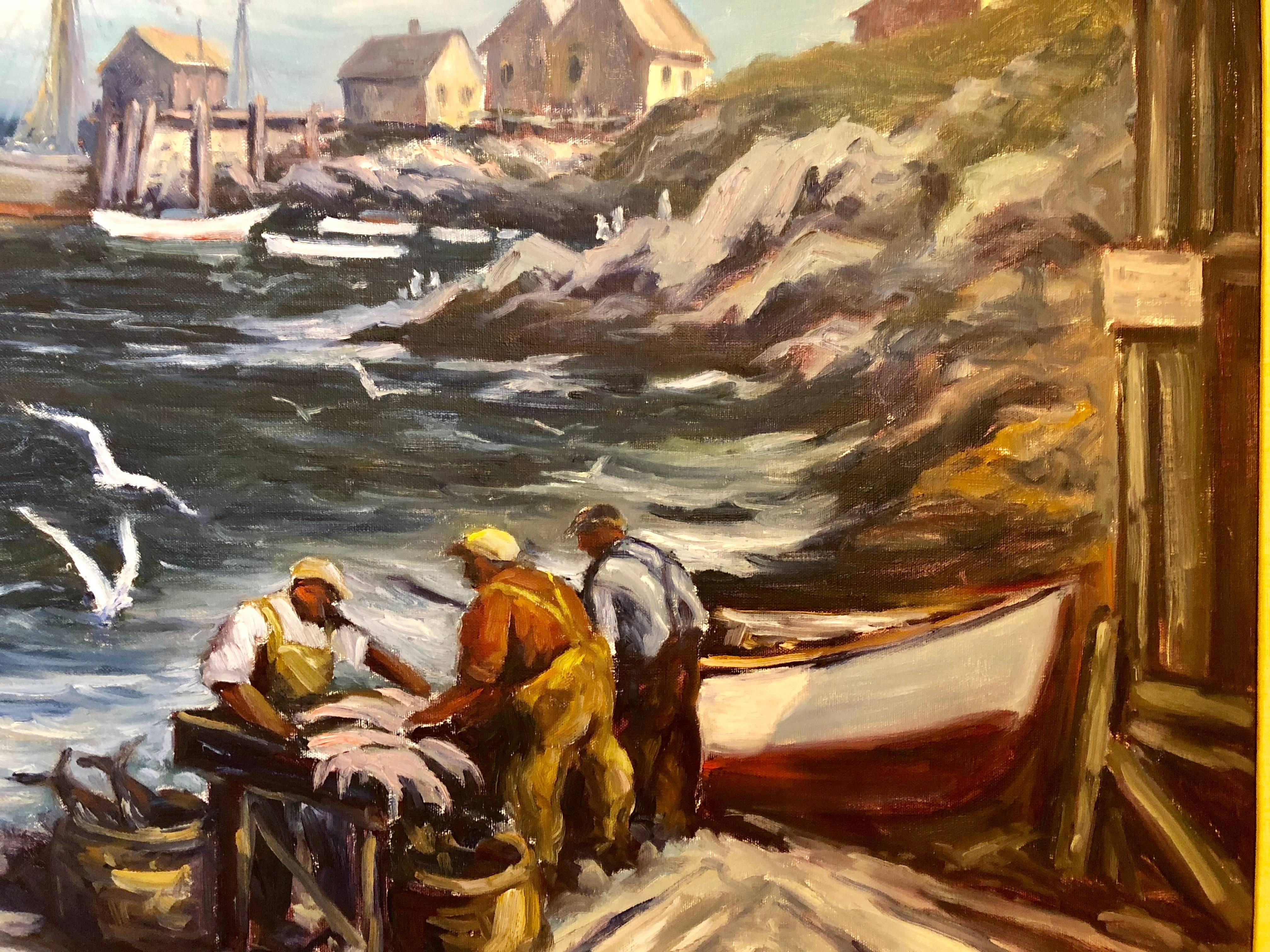 20th Century Signed Oil on Canvas by Edward Garbely Harbor Scene