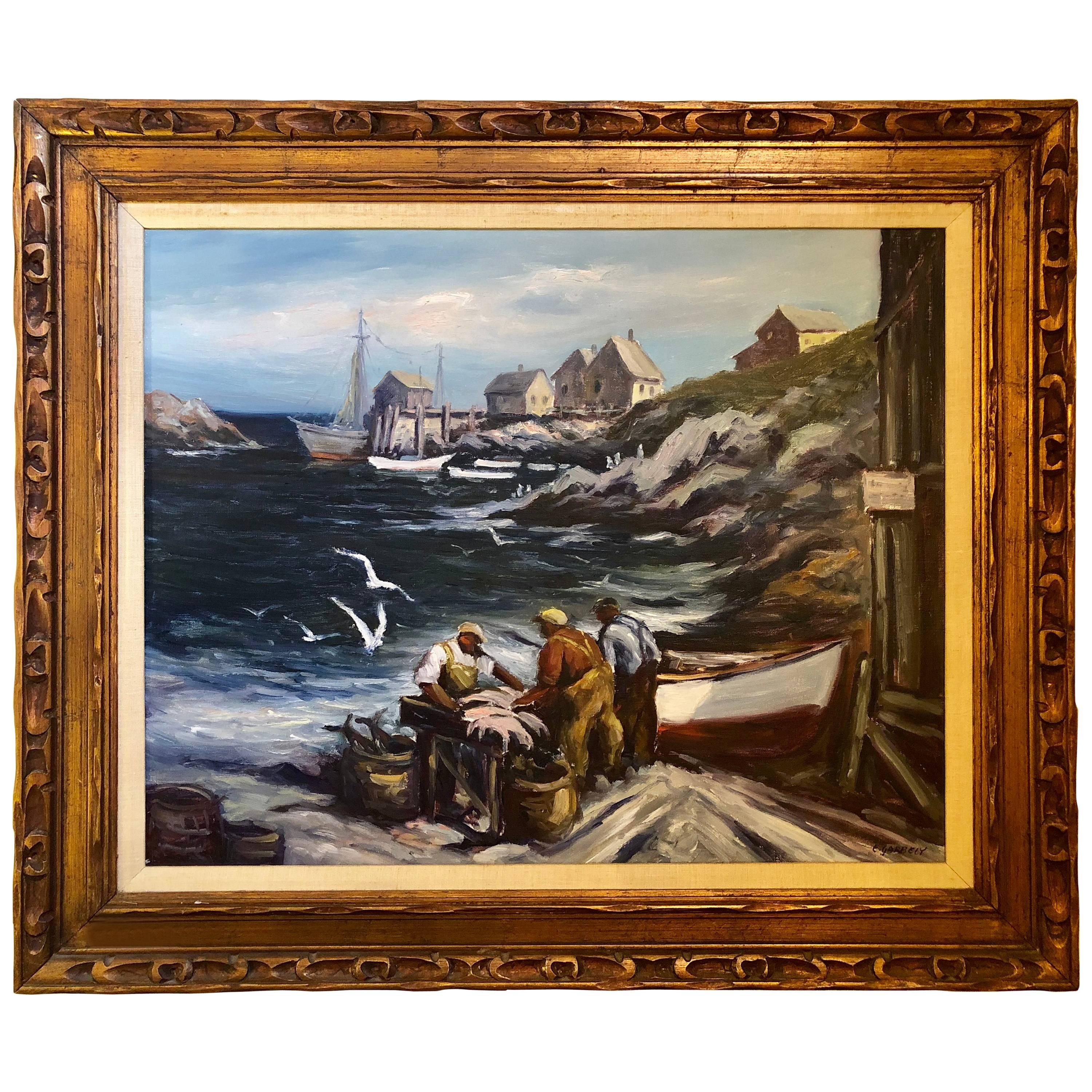 Signed Oil on Canvas by Edward Garbely Harbor Scene