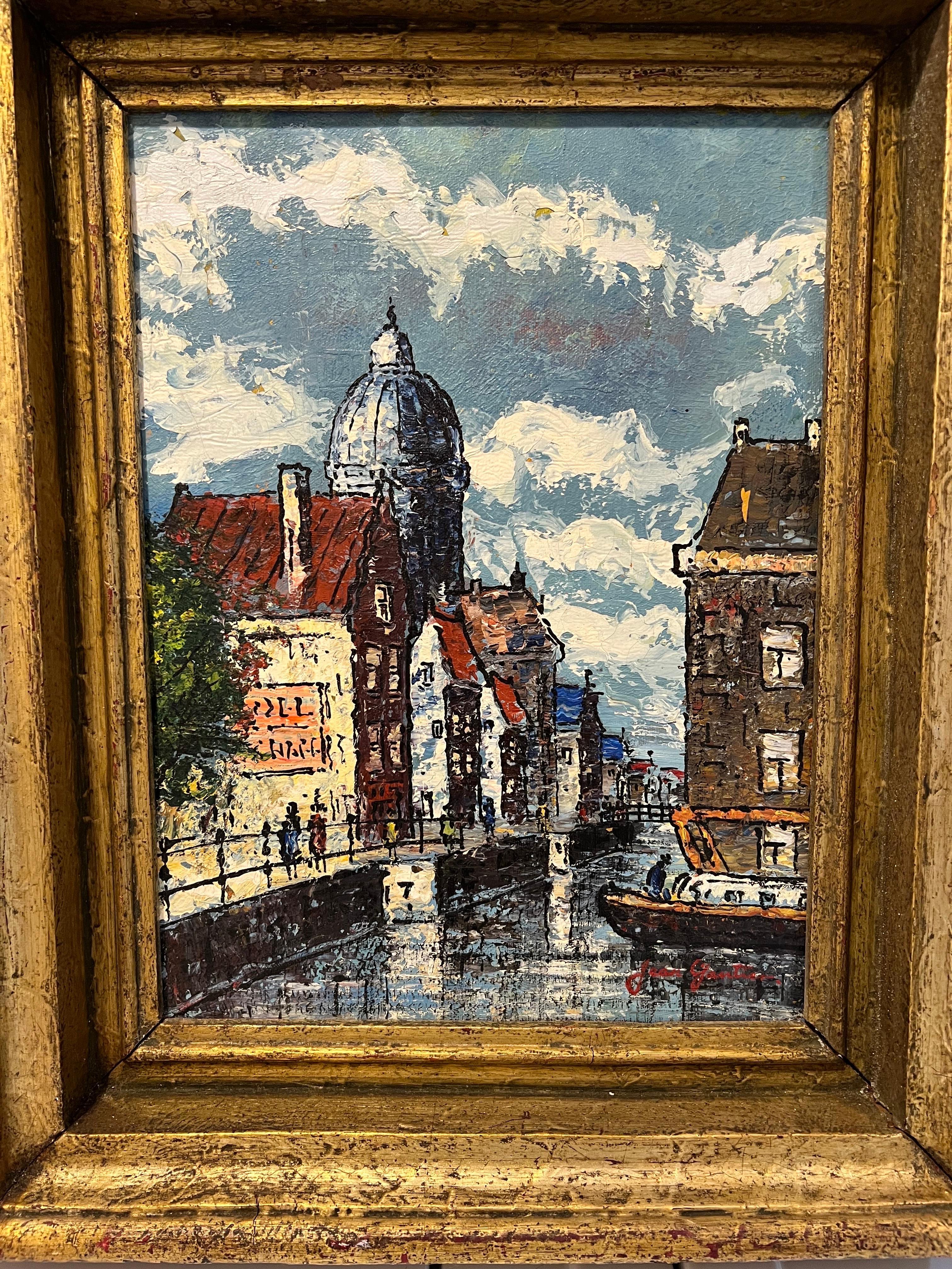 Signed Oil on Canvas by Jean Hubert Gautier (1872-1930). Nice heavy impasto technique of a classic french riverscape. The composition includes heavy clouds with a basilica in the background and riverfront village with pedestrians and a passing boat.