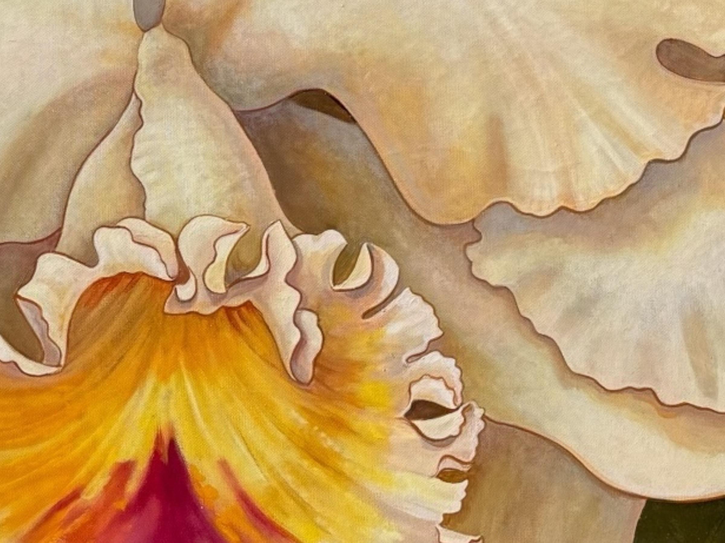 Moderne Huile sur toile signée Cattleya Mendelii Orchids en vente