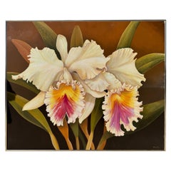Huile sur toile signée Cattleya Mendelii Orchids