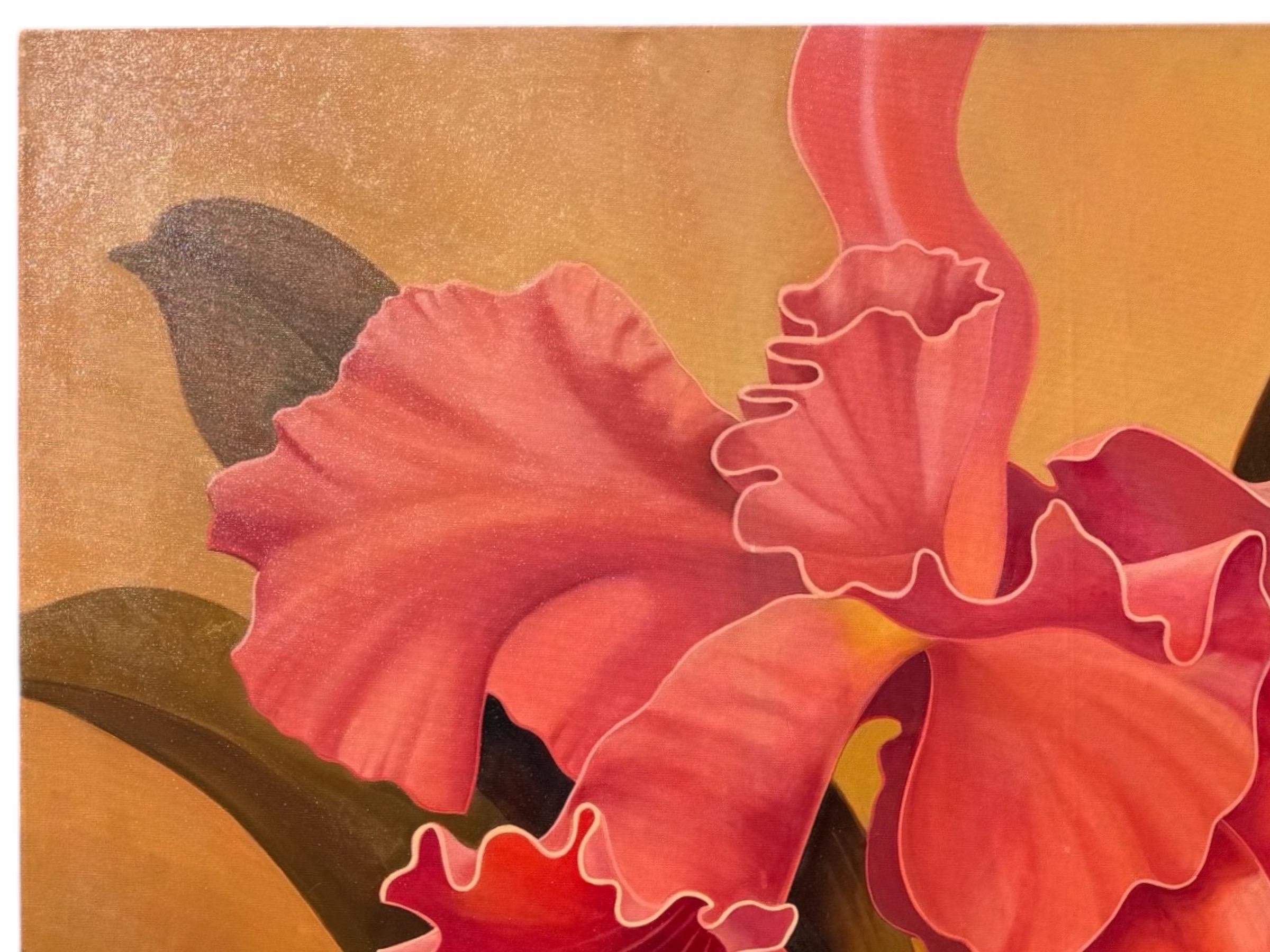 Moderne Huile sur toile signée Orchidées Cattleya en vente