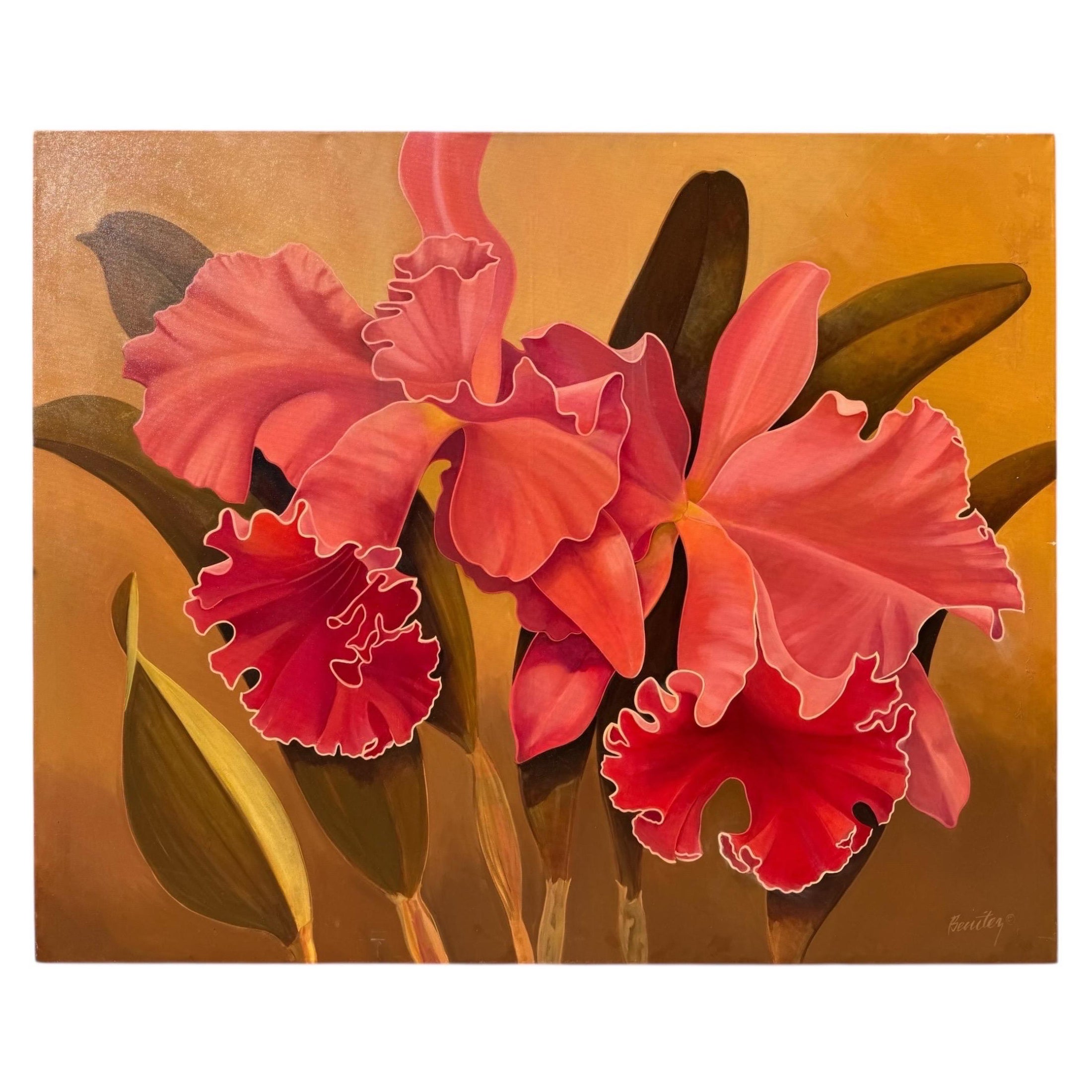 Huile sur toile signée Orchidées Cattleya