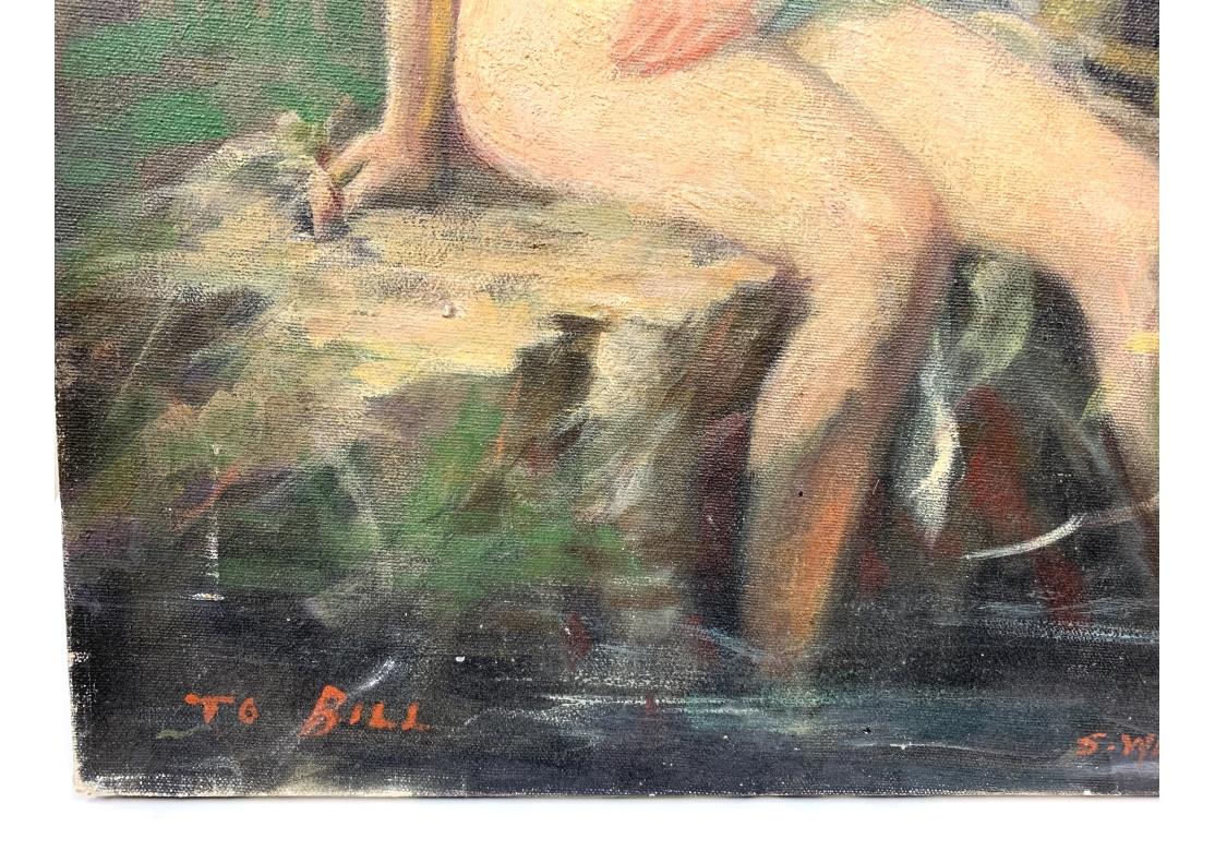 Öl auf Leinwand mit der Darstellung eines Aktes in einer Waldlandschaft.
Dediziert unten links. Ungerahmt. 
Signiert unten rechts.

Abmessungen: 16