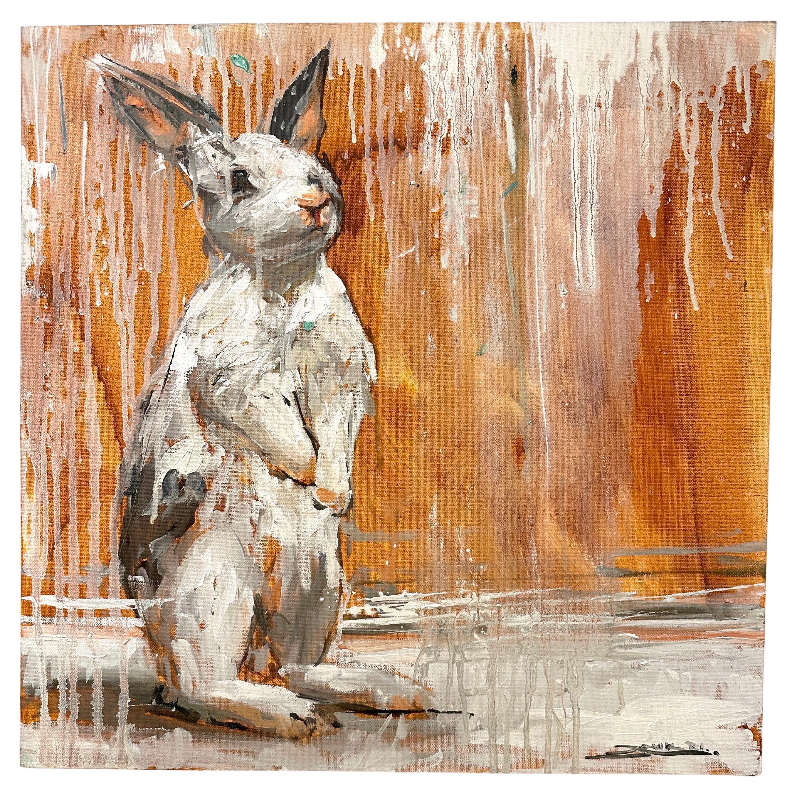 Peinture à l'huile sur toile du peintre cubain Eric Alfaro « Rabbit », signée en vente