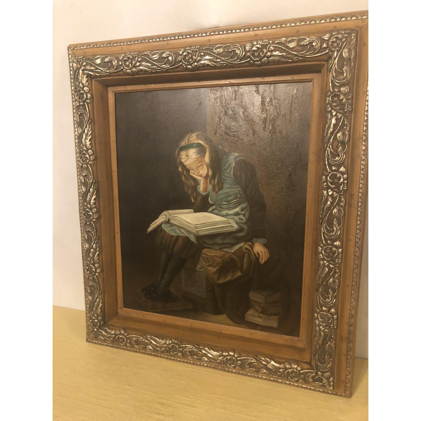 An oil on canvas impressionistic painting featuring a girl reading a book. The piece is signed by the artist and is framed in a custom made beautiful hand carved gilt frame. 

Measures: Framed H 34