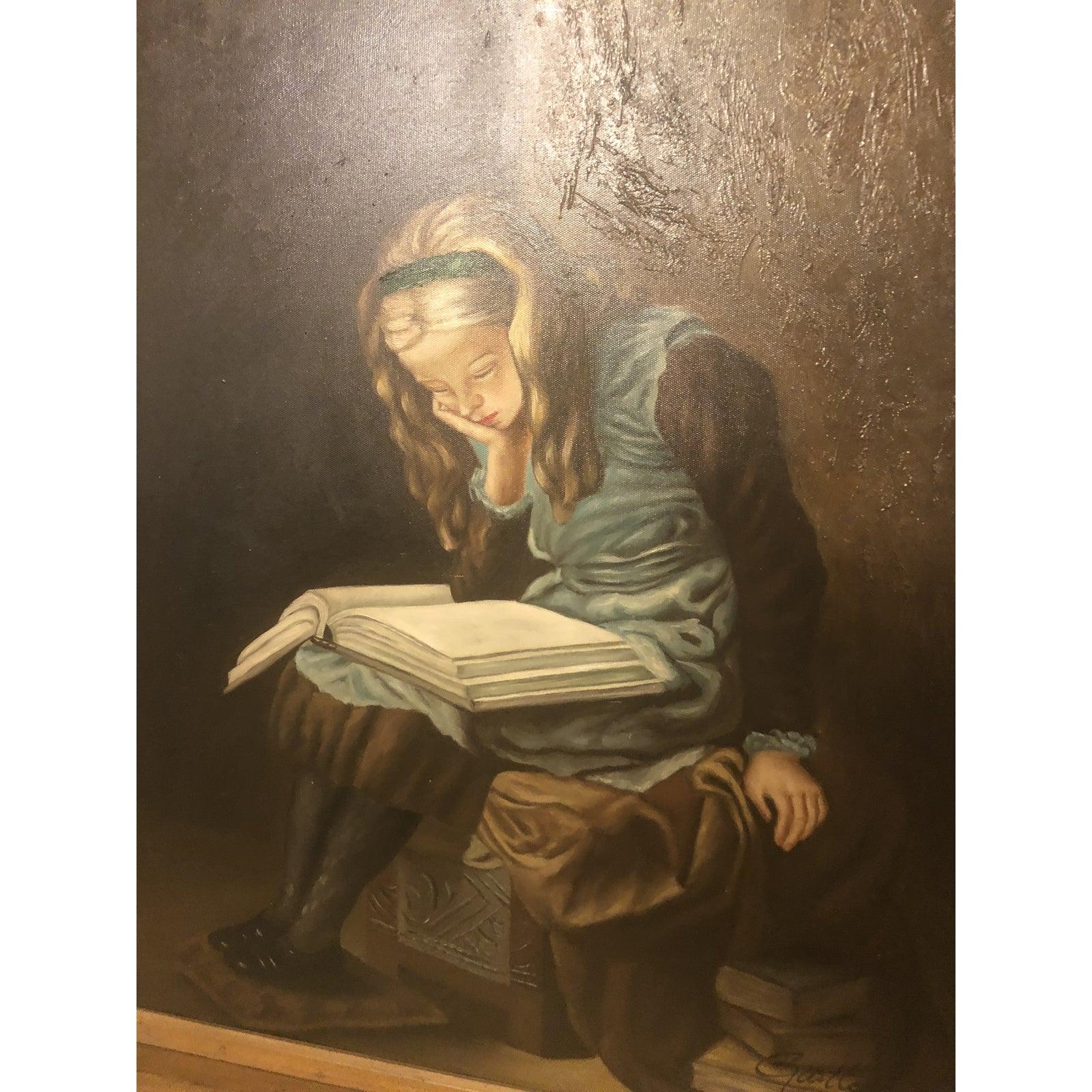 Neoclassical Signed Oil on Canvas Painting of Girl Reading a Book
