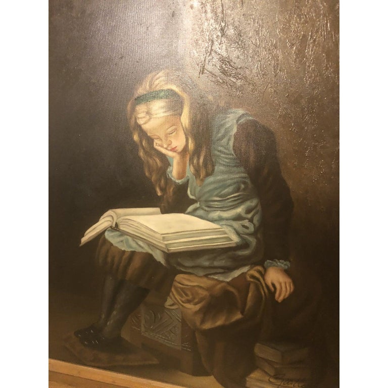 Signed Oil On Canvas Painting Of Girl Reading A Book For Sale At