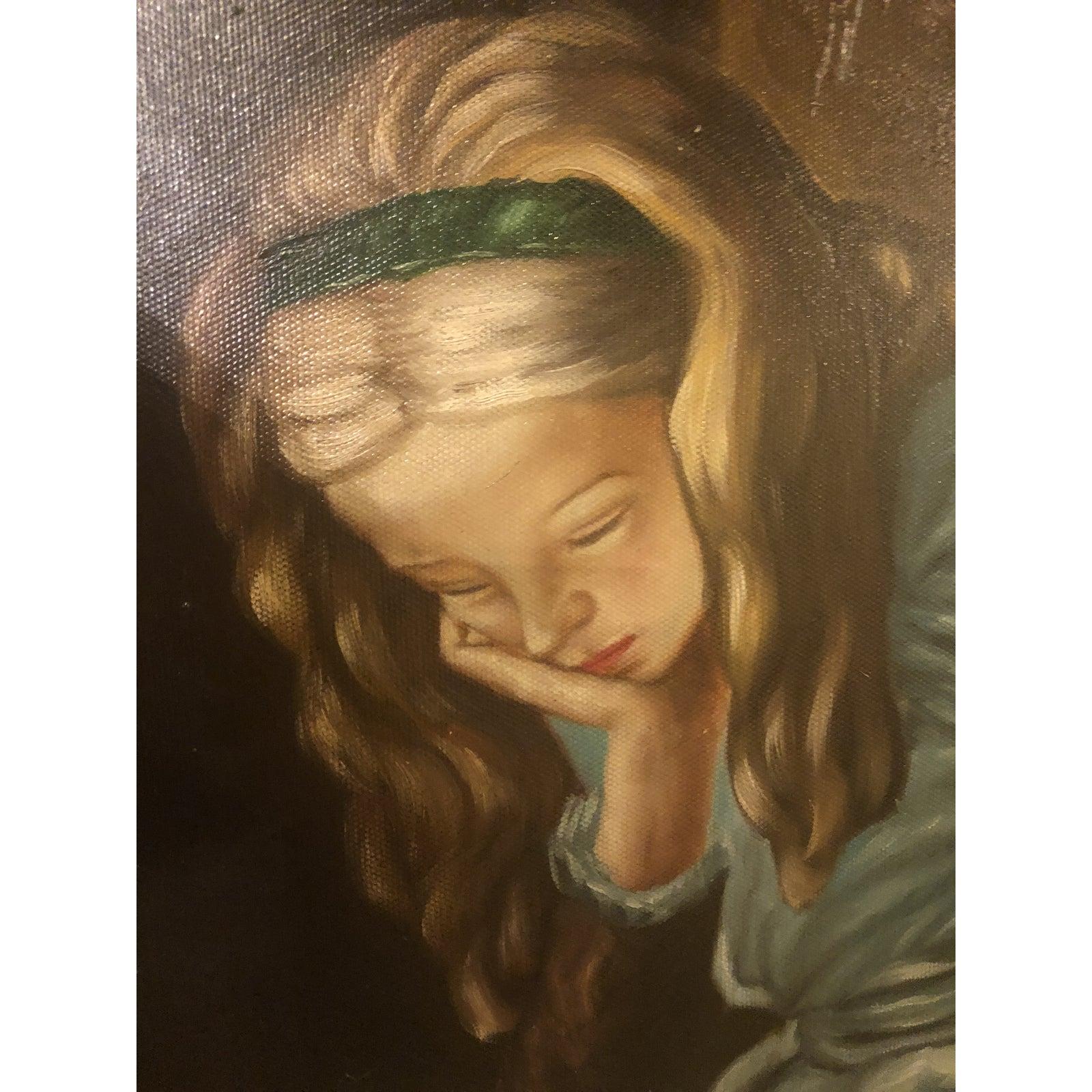 Signed Oil on Canvas Painting of Girl Reading a Book In Good Condition In Plainview, NY