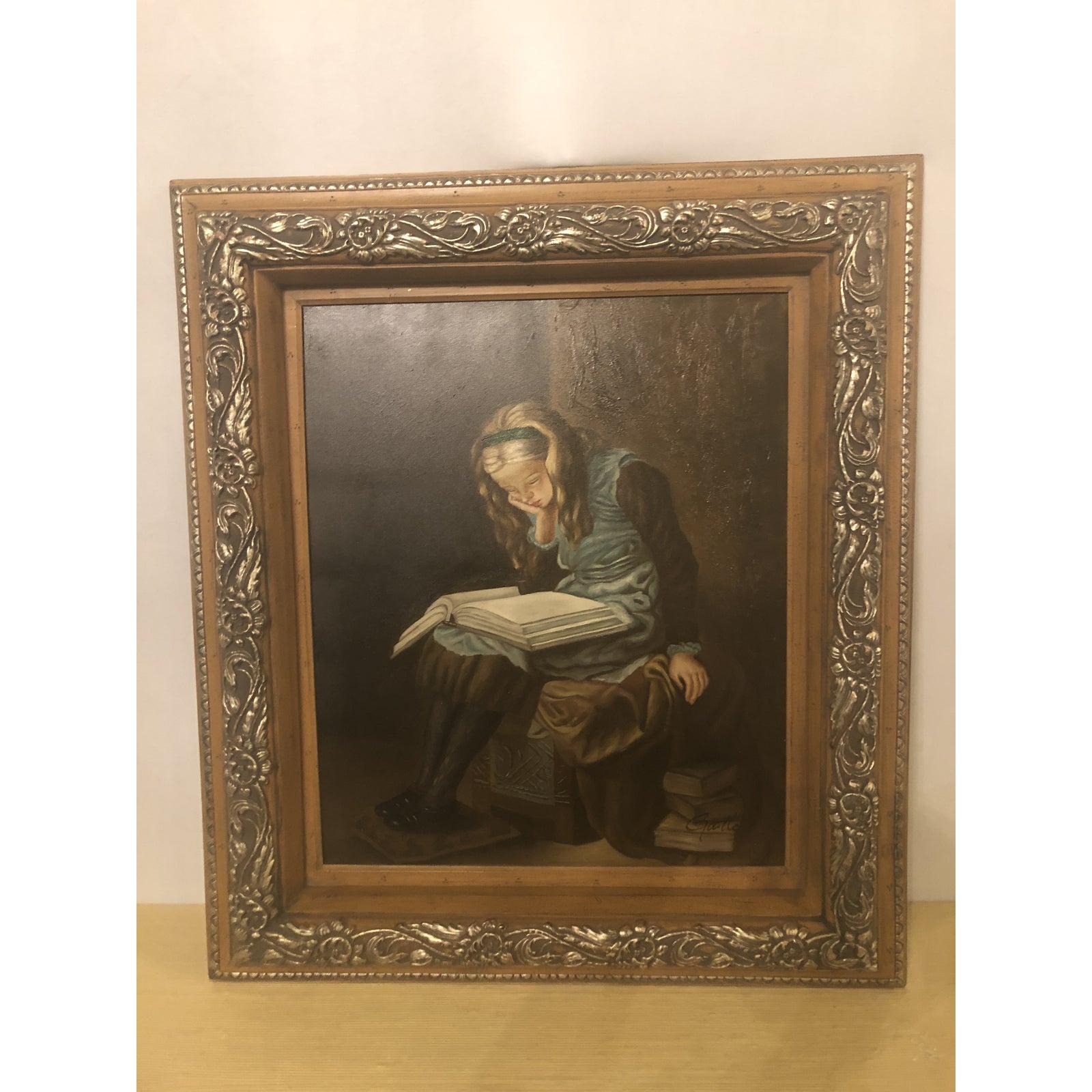 Signed Oil on Canvas Painting of Girl Reading a Book 2