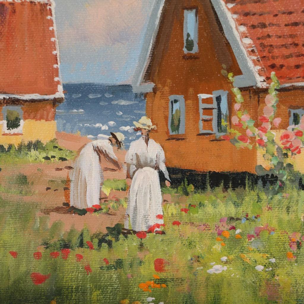 This delightfully bright and colorful painting looks like the seaside of Skagen, Denmark with it's traditional yellow houses and red tile roofs. In a flowing white summer dress, a young woman walks among butterflies, blooming flowers and greenery