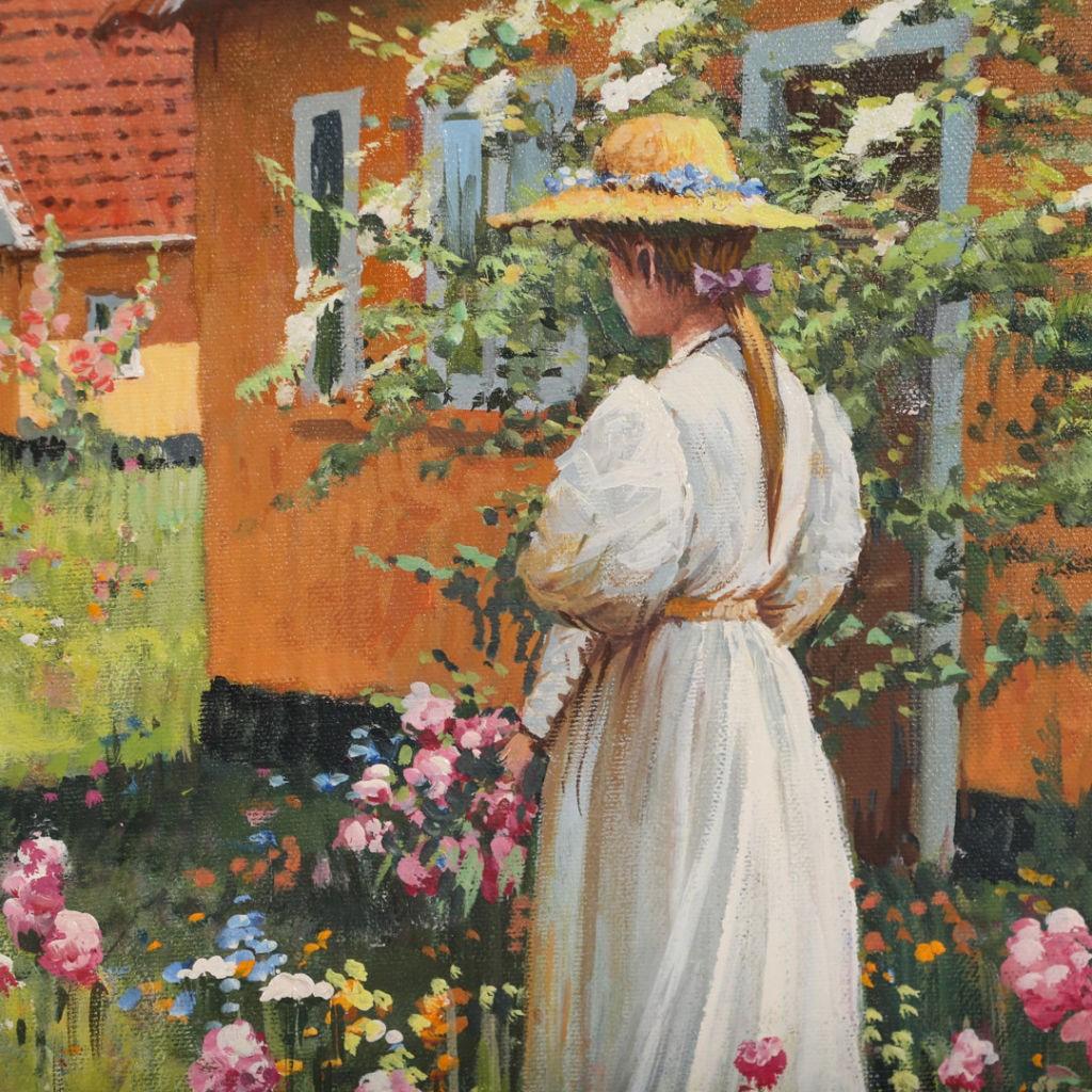Danish Signed Oil on Canvas Painting of Young Woman In a Flower Garden