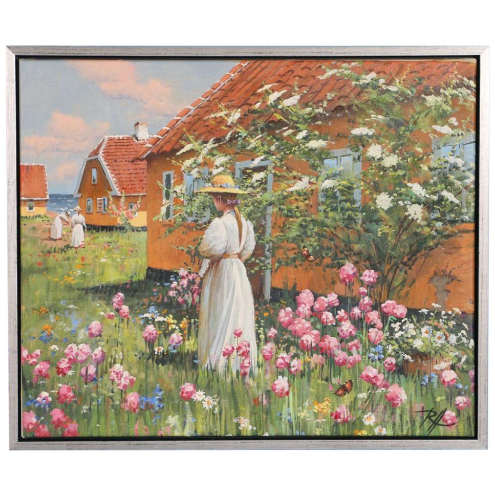 Signed Oil on Canvas Painting of Young Woman In a Flower Garden