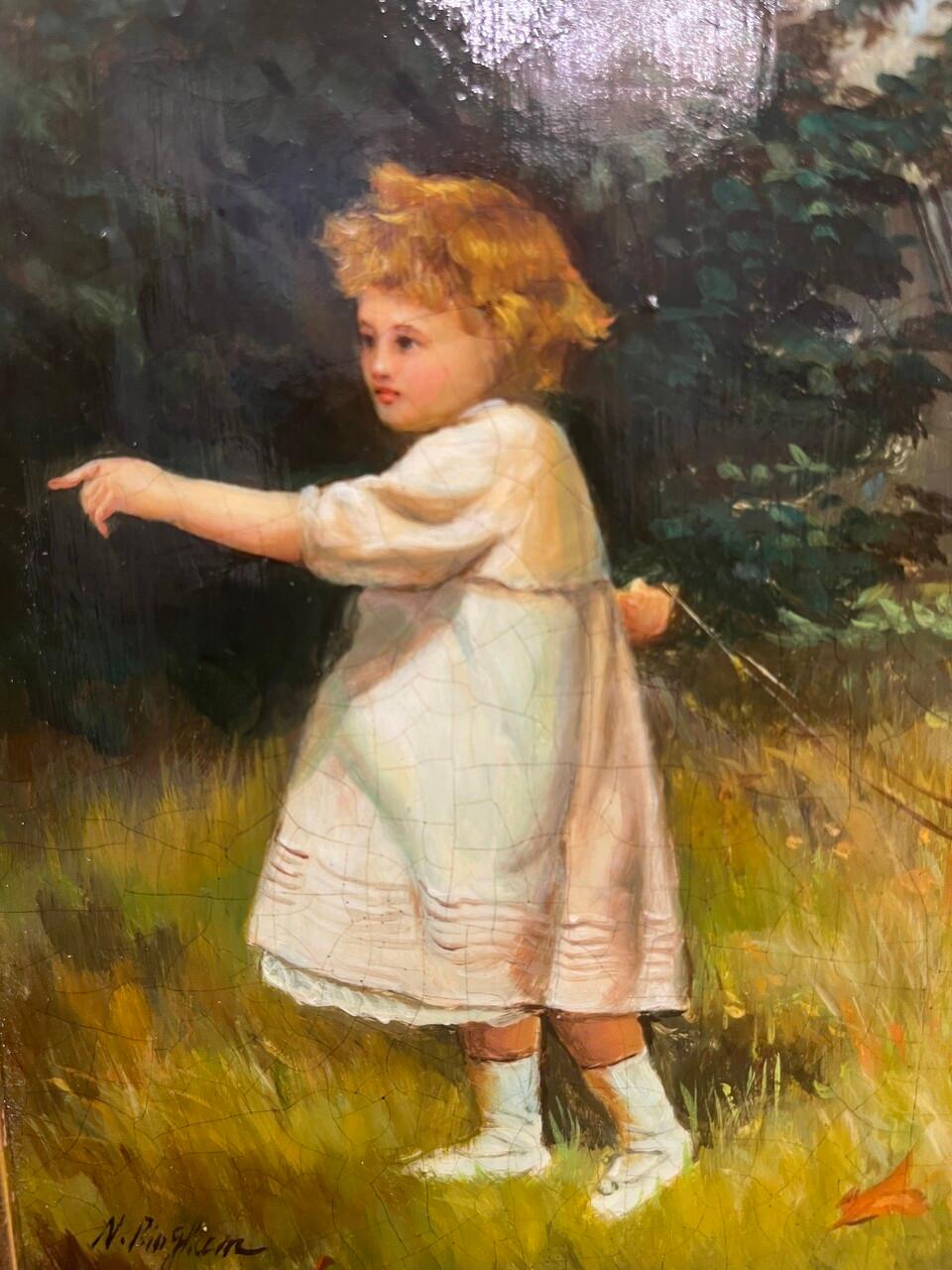 Óleo sobre tabla firmado por N. Henry Bingham que representa a una joven con sus perros
Artista estadounidense nacido en 1939