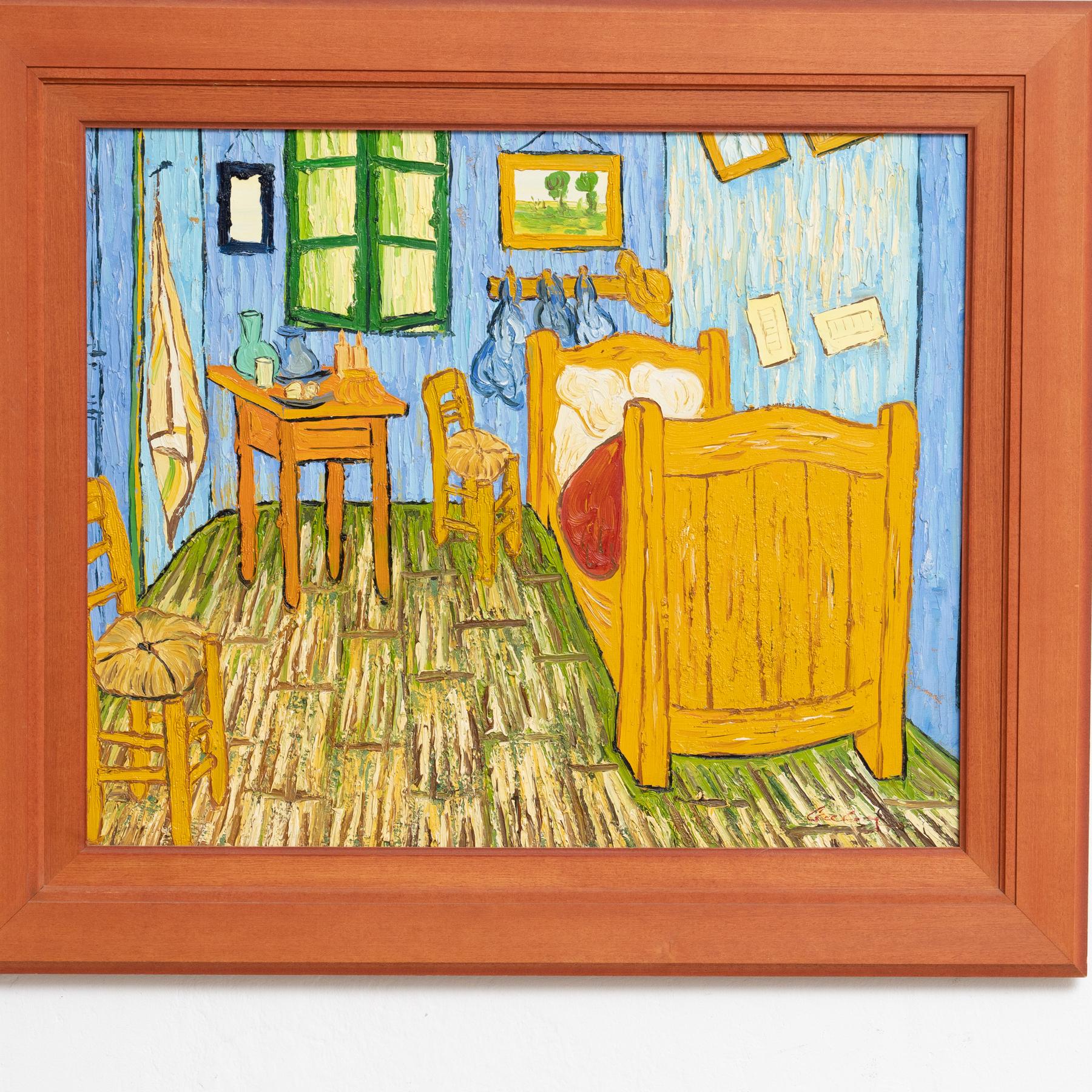 Pittura ad olio firmata dall'artista olandese Geelong dopo Van Gogh 'La camera da letto' In condizioni buone in vendita a Barcelona, ES