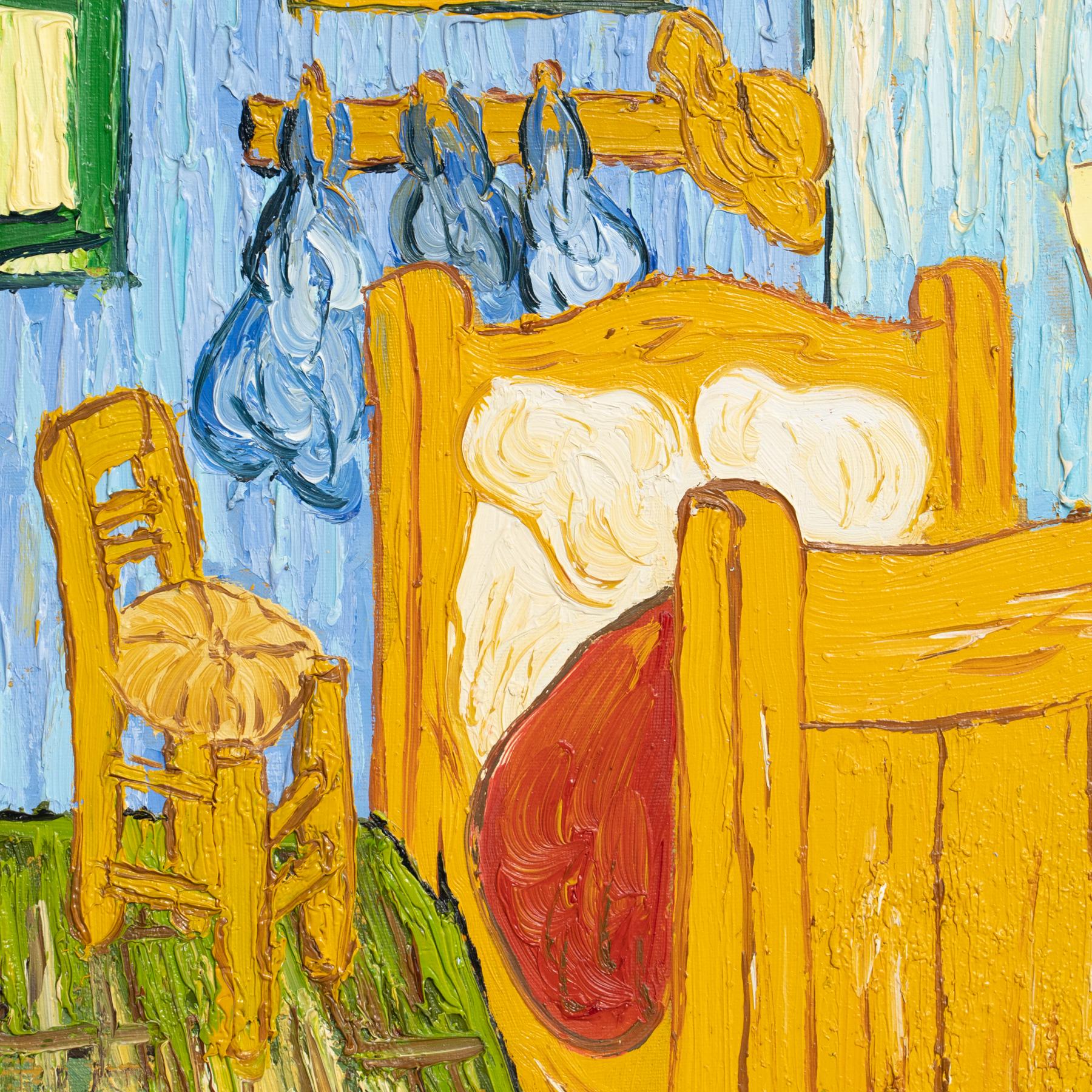 Legno Pittura ad olio firmata dall'artista olandese Geelong dopo Van Gogh 'La camera da letto' in vendita
