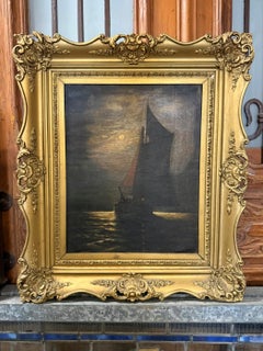 Ship at Sea Oil Painting, Moonlight Scene, Signed J. Weiss, 1908