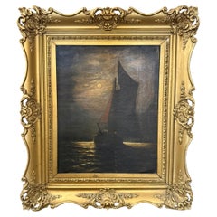 Ship at Sea Oil Painting, Moonlight Scene, Signed J. Weiss, 1908