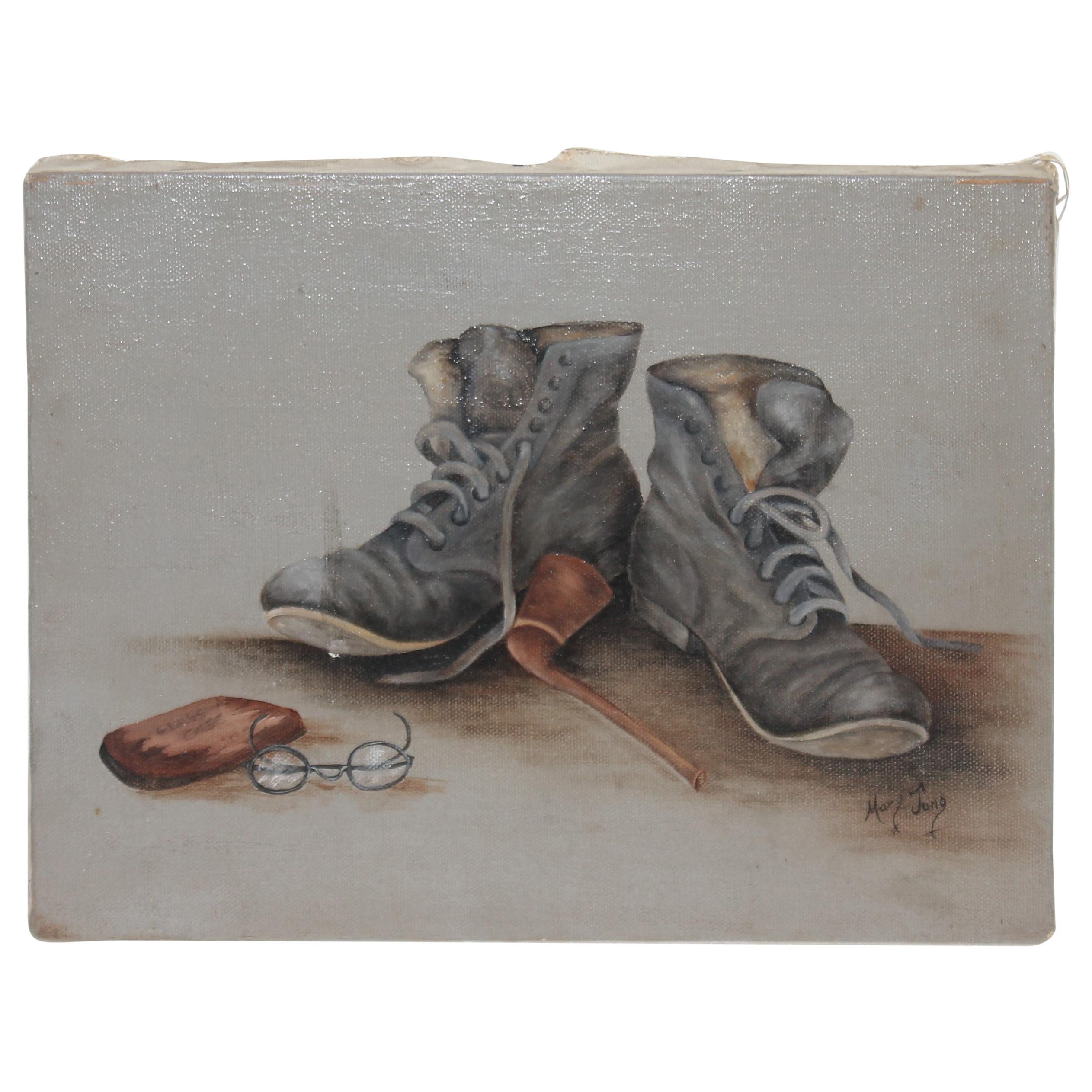 Peinture à l'huile signée représentant des bottes et des verres