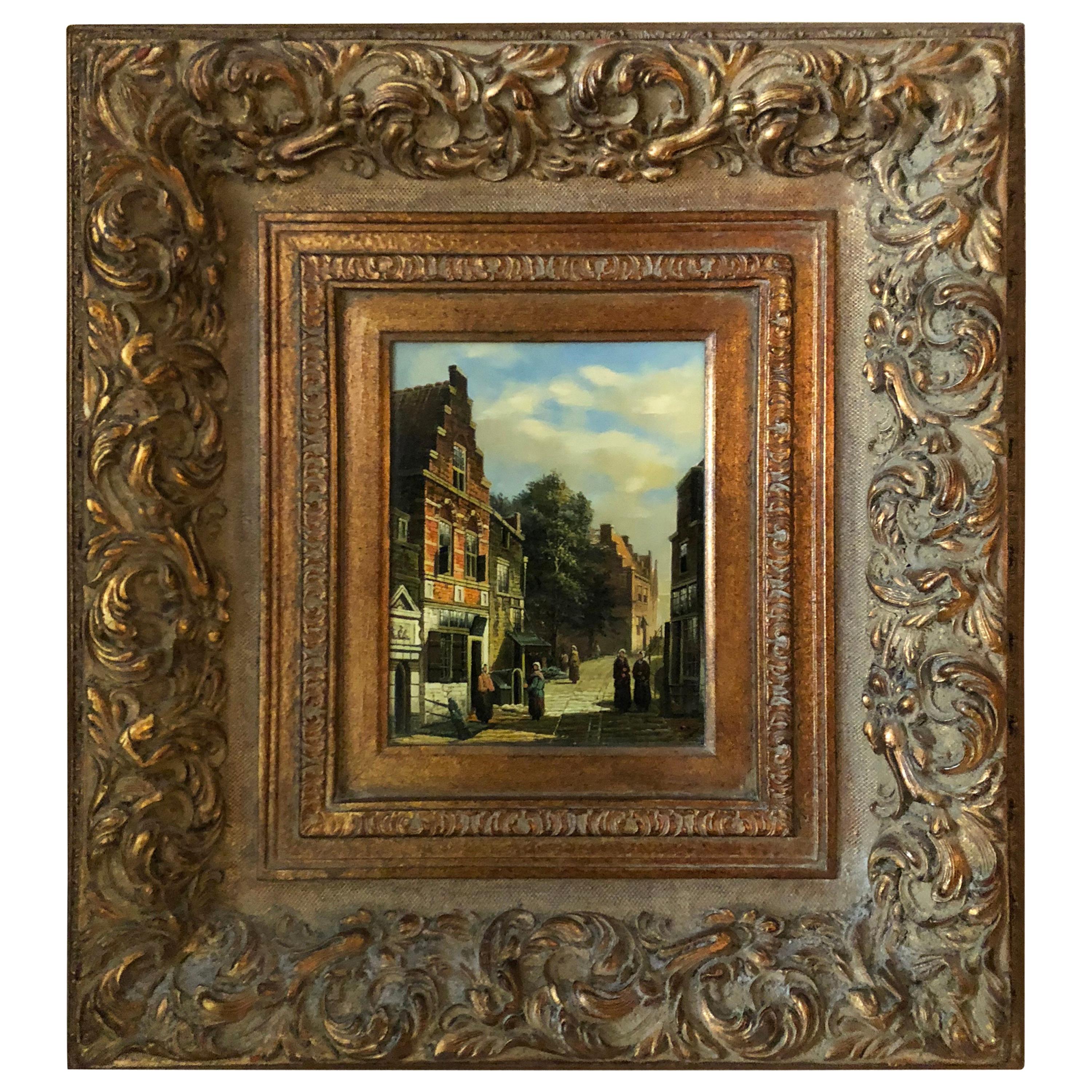 Signed Oil Painting on Board If a 19th Century Dutch Street Scene For Sale