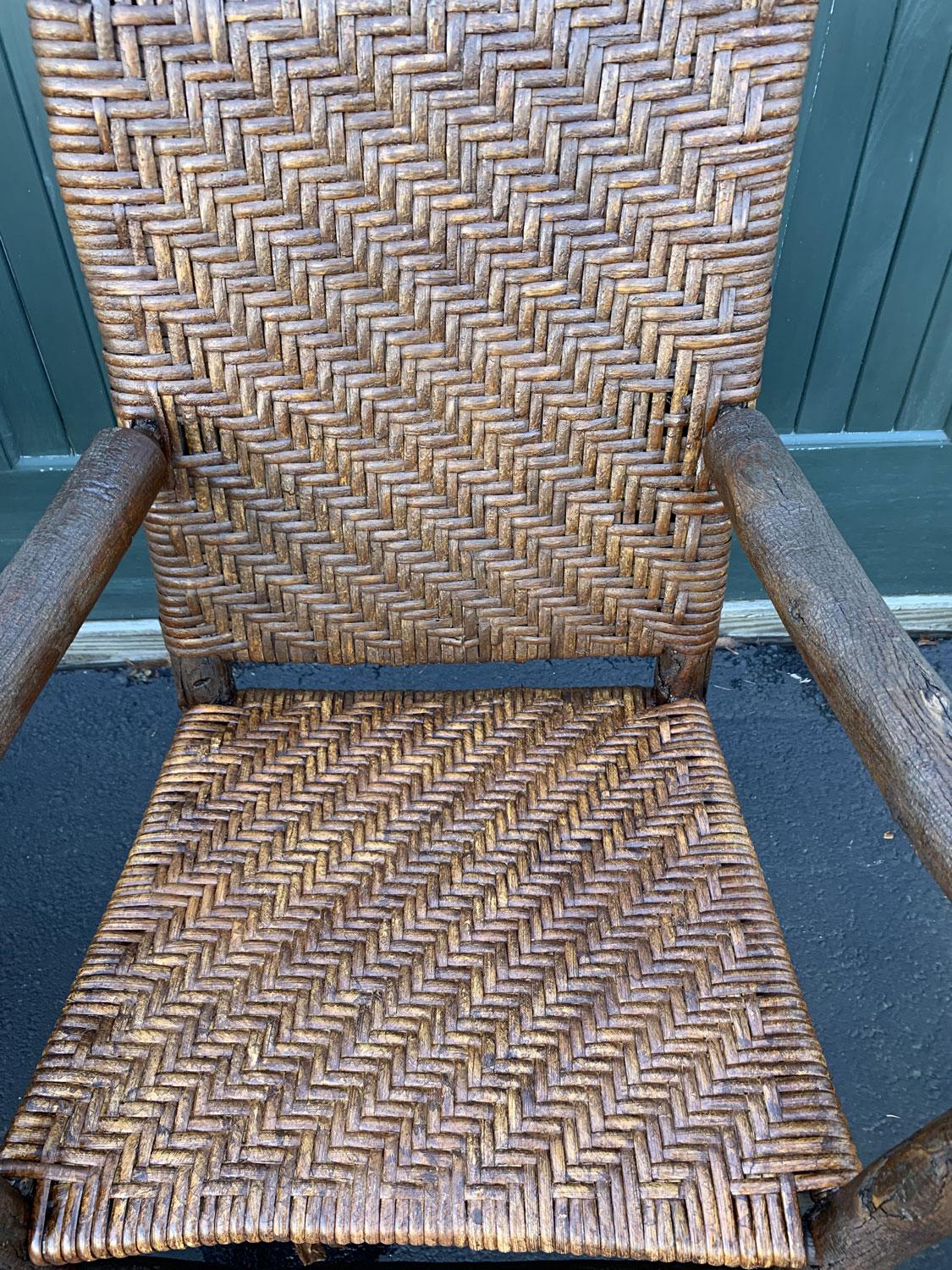 These amazing Old Hickory arm chairs from Martinsville,Indiana are made @ The Old Hickory Furniture Company.They are all hand made and hand woven seats and backs.These chairs are in pristine condition and have a gorgeous original patina.They all