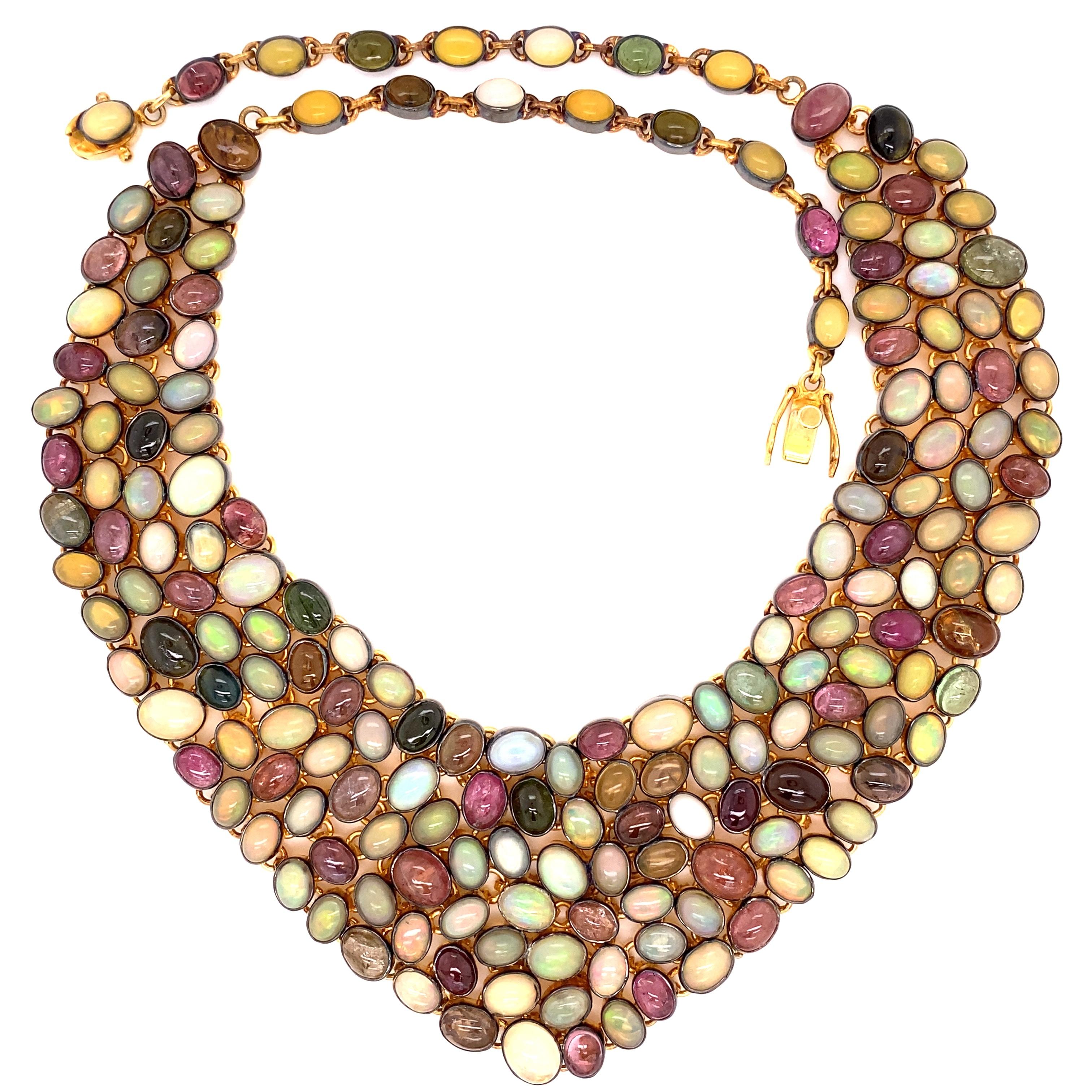 Signed Opal and Tourmaline Bib Gold and Sterling Designer Bib Collar Necklace For Sale