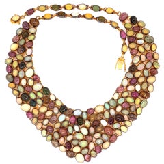 Signed Opal and Tourmaline Bib Gold and Sterling Designer Bib Collar Necklace