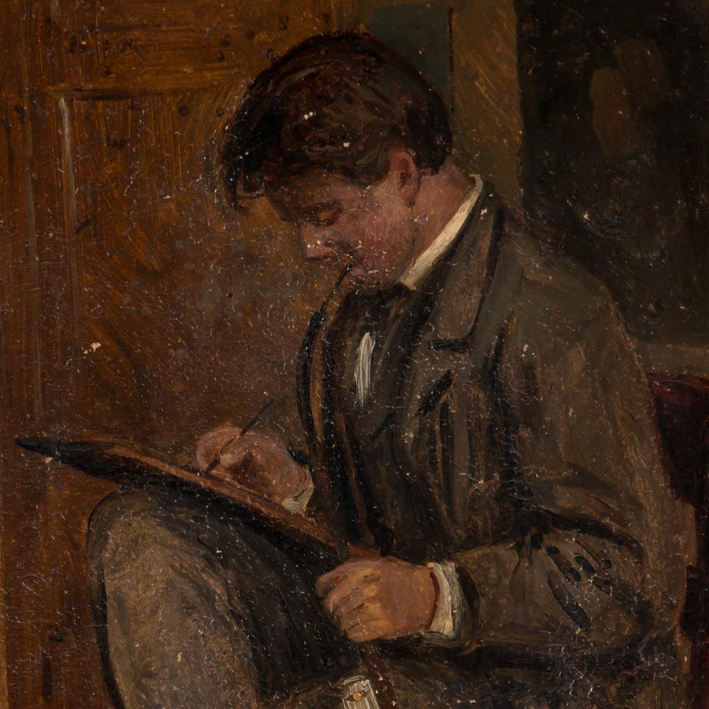 Original antique oil painting portrait of a well-dressed young man writing or possibly sketching. The painting is on artist's board and is monogrammed in the lower right VR by artist Vilhelm Rosenstand. The board is mounted in a giltwood frame with