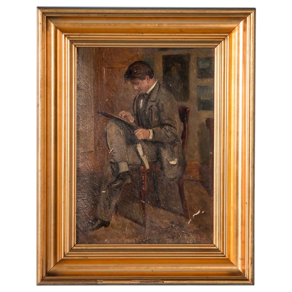 Signed Original Antique Danish Oil Painting of a Young Artist