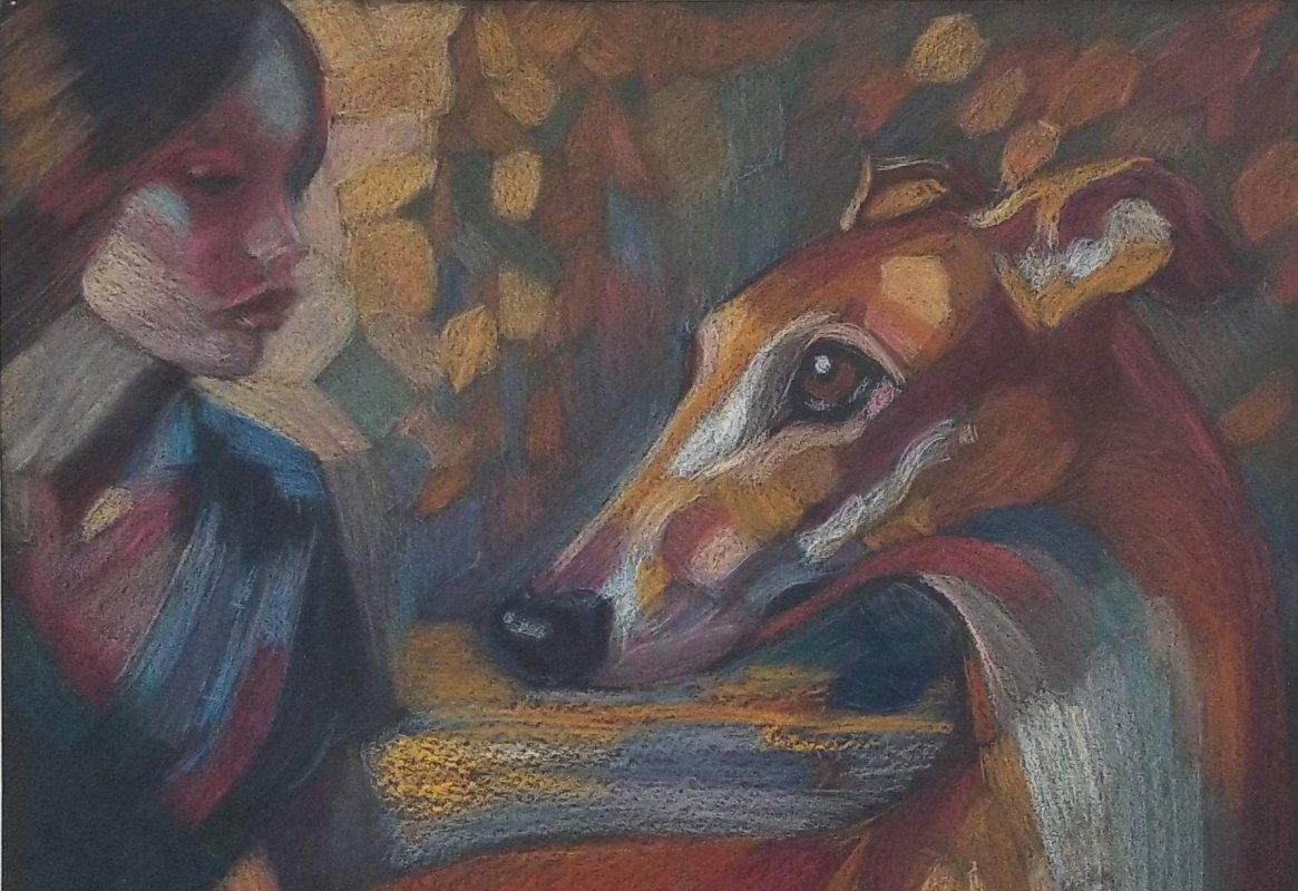 ARTE Arte originale firmata, Ragazza con levriero acquerello.
*****AVVISO: IL NOSTRO NEGOZIO 1ST DIBS CHIUDE ALLA FINE DI MAGGIO*****
Perfetto per gli amanti del levriero è questo disegno originale ad acquerello, un ritratto umano/animale domestico