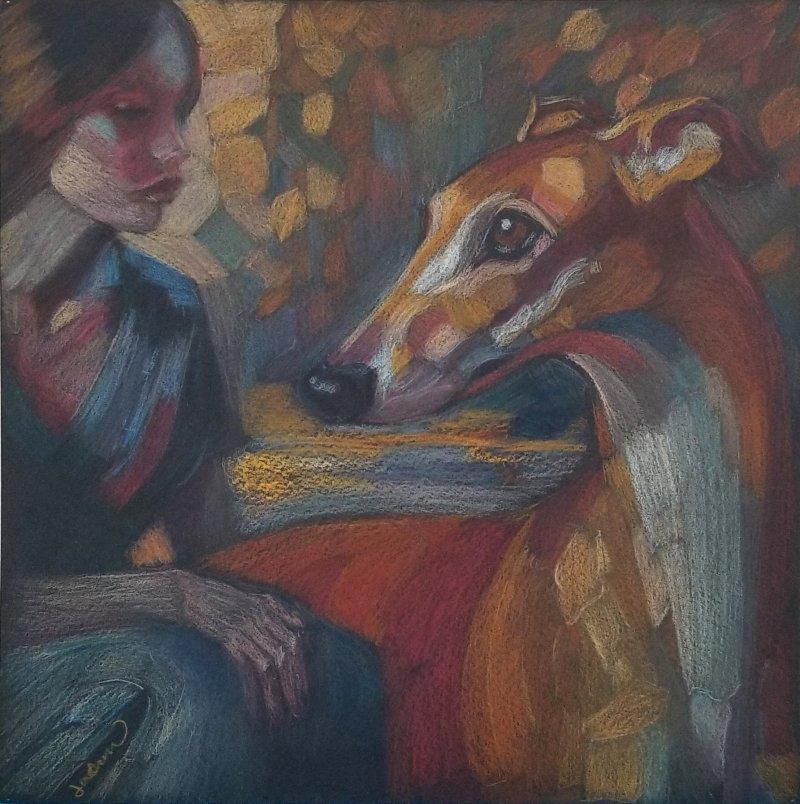 Altro ARTE Arte originale firmata, Ragazza con un levriero acquerello VENDITA CHIUSA in vendita
