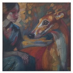 ARTE Arte originale firmata, Ragazza con un levriero acquerello VENDITA CHIUSA