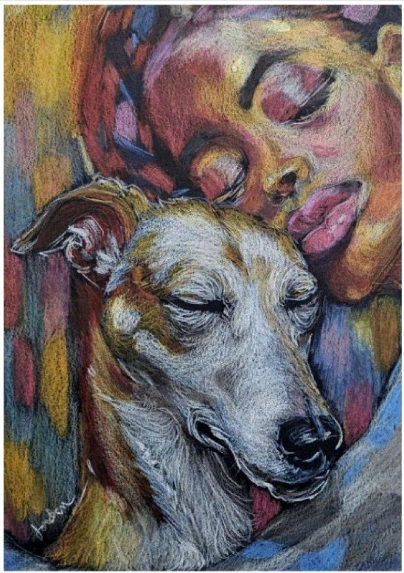 Signiertes Original-Kunstporträt, afroamerikanische Frau mit Windhund
Dies ist eine schöne, farbenfrohe Aquarell-Bleistiftzeichnung auf schwerem, säurefreiem Baumwollpapier. Es misst etwa 14 x 10 Zoll. HINWEIS!  Diese Arbeit wurde in einer